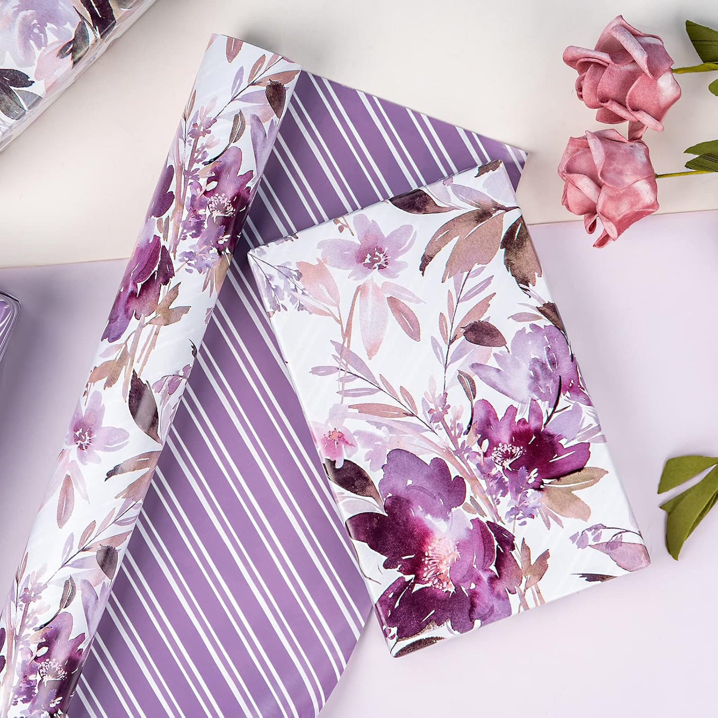 WRAPAHOLIC 30 Inch Jumbo Reversible Floral Wrapping Paper - 30 Inch X 33 Feet - Purple Floral Design for Wedding, Birthday, Mothers Day, Baby Shower, Anniversary, Bridal Shower