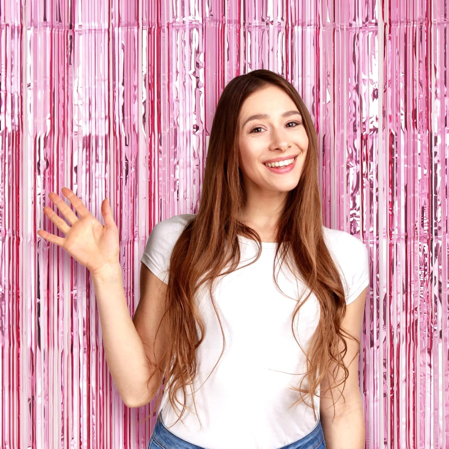 2 Pack Light Pink Foil Fringe Backdrop Curtains, Tinsel Streamers Birthday Party Decorations, Fringe Backdrop for Graduation, Baby Shower, Gender Reveal, Disco Party