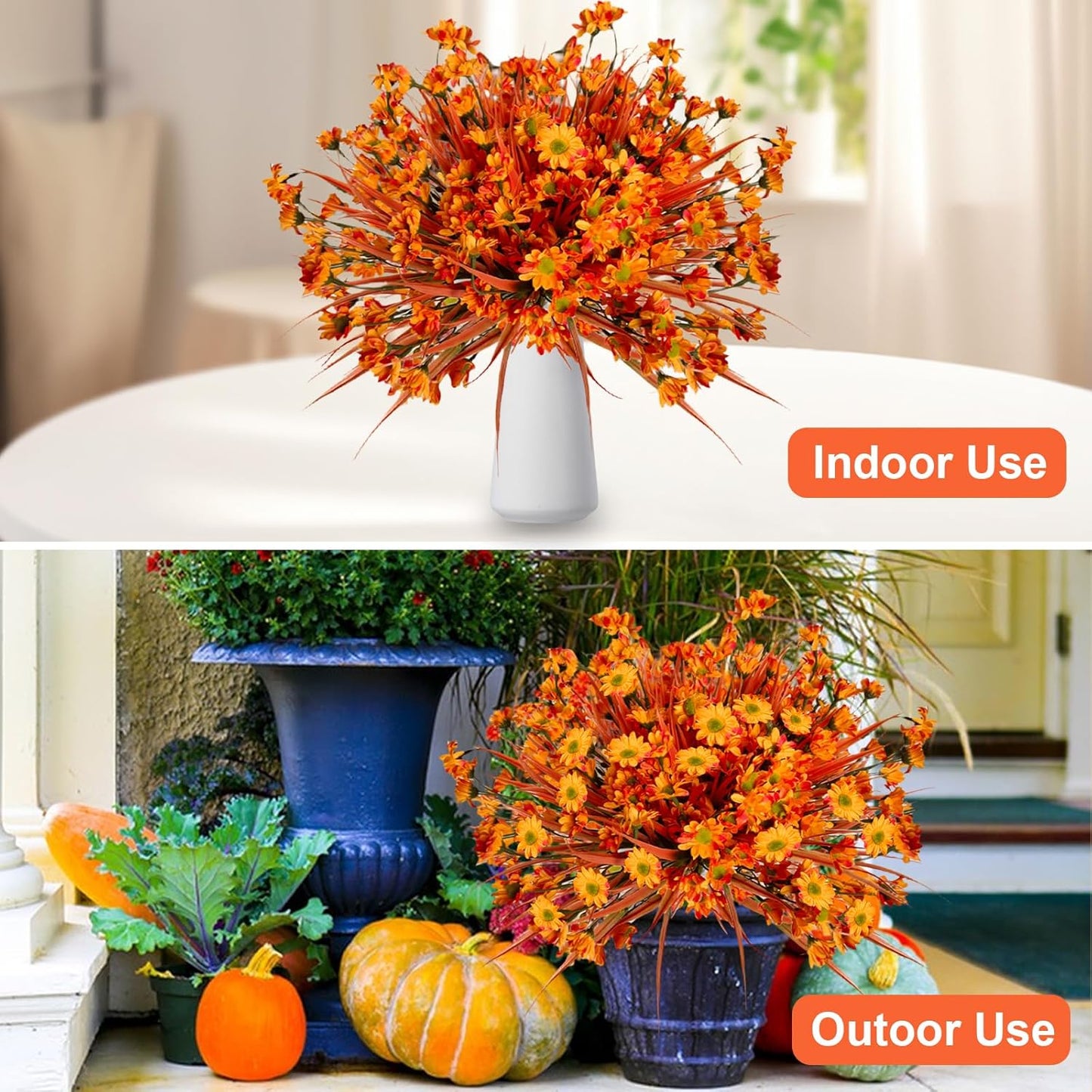 Fake Mums Fall Flowers Artificial for Decoration, 12 Bundles Faux Plants Silk Orange Flowers Realistic UV Resistant for Outdoors Planter Porch Garden Balcony Patio Window Box