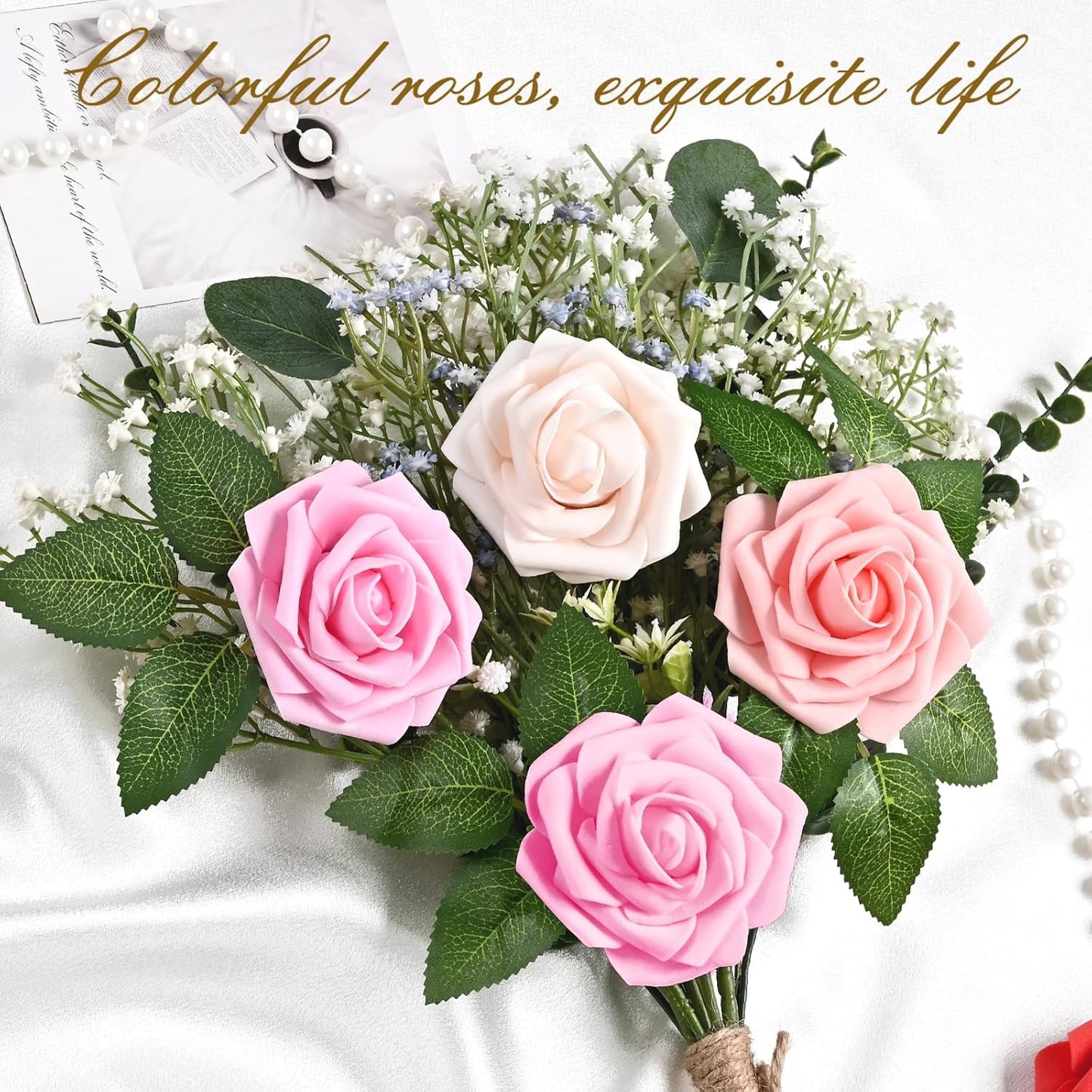 BLEUM CADE 36Pcs Artificial Flowers Fake Roses with Stems, Gradient Red & Pink Boxed Foam Roses for DIY Bouquets Centerpieces Wedding Party Arrangement Bridal Shower Decor