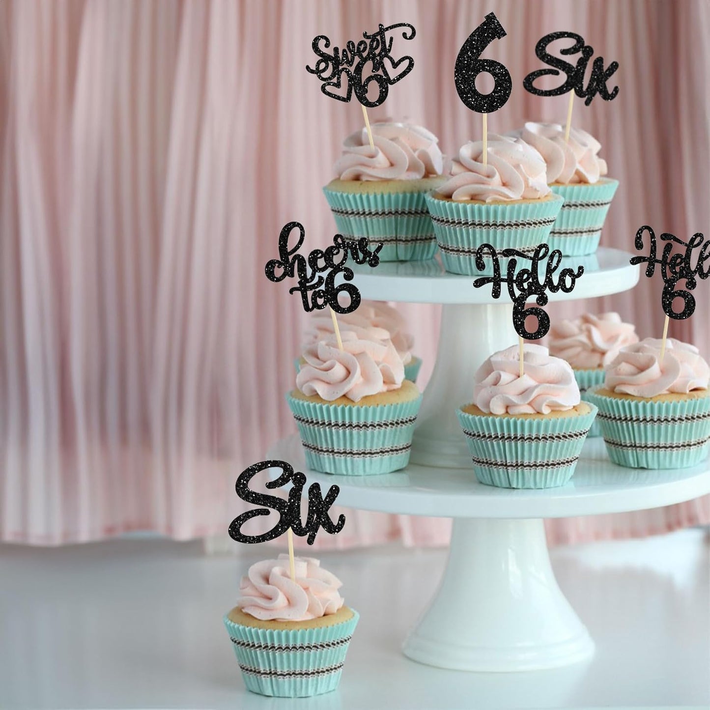 30Pcs 6th Birthday Cupcake Toppers Glitter Six Hello 6 Cupcake Picks Cheers to 6 Years Old Cake Decorations for 6th Birthday Party Supplies Black