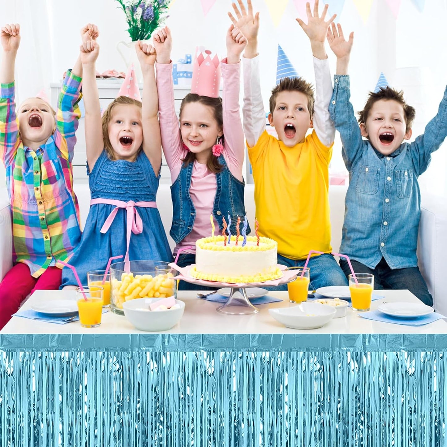 3 Pack 29 x108 Inch Light Blue Foil Fringe Table Skirts Metallic Banner for Tinsel Streamer Garland Backdrop for Parade Floats Wedding Thanksgiving Birthday Christmas New Year Party Decoration