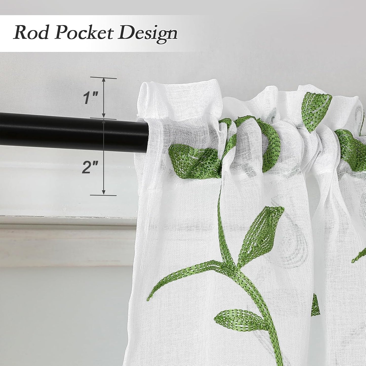 VISIONTEX White Sheer Voile Curtains, Decorative Leaves Embroidery Faux Linen Rod Pocket Window Drapes for Home Kitchen, Living Room and Bedroom 26 x 36 Inch, Set of 2 Curtain Panels