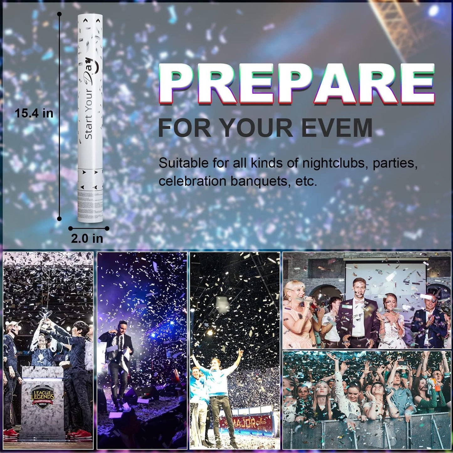 confetti Cannons, 15 Inch+Longer Confetti Shooters Party Poppers, WORKKEEP Silver Confetti Popper Air Powered for Birthday Wedding Celebration Photo Shoot New Year's Eve confetti Gun