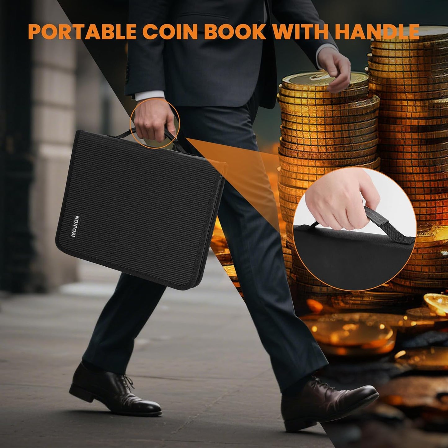 Coin Binder for Collectors with Handle, Fireproof 400 Pockets Coin Collection Album & 36 Paper Currency Book Sleeves, Coin and Bill Organizer Holder Supplies for Quarters, Pennies, 12.8x10.2x1.8inch