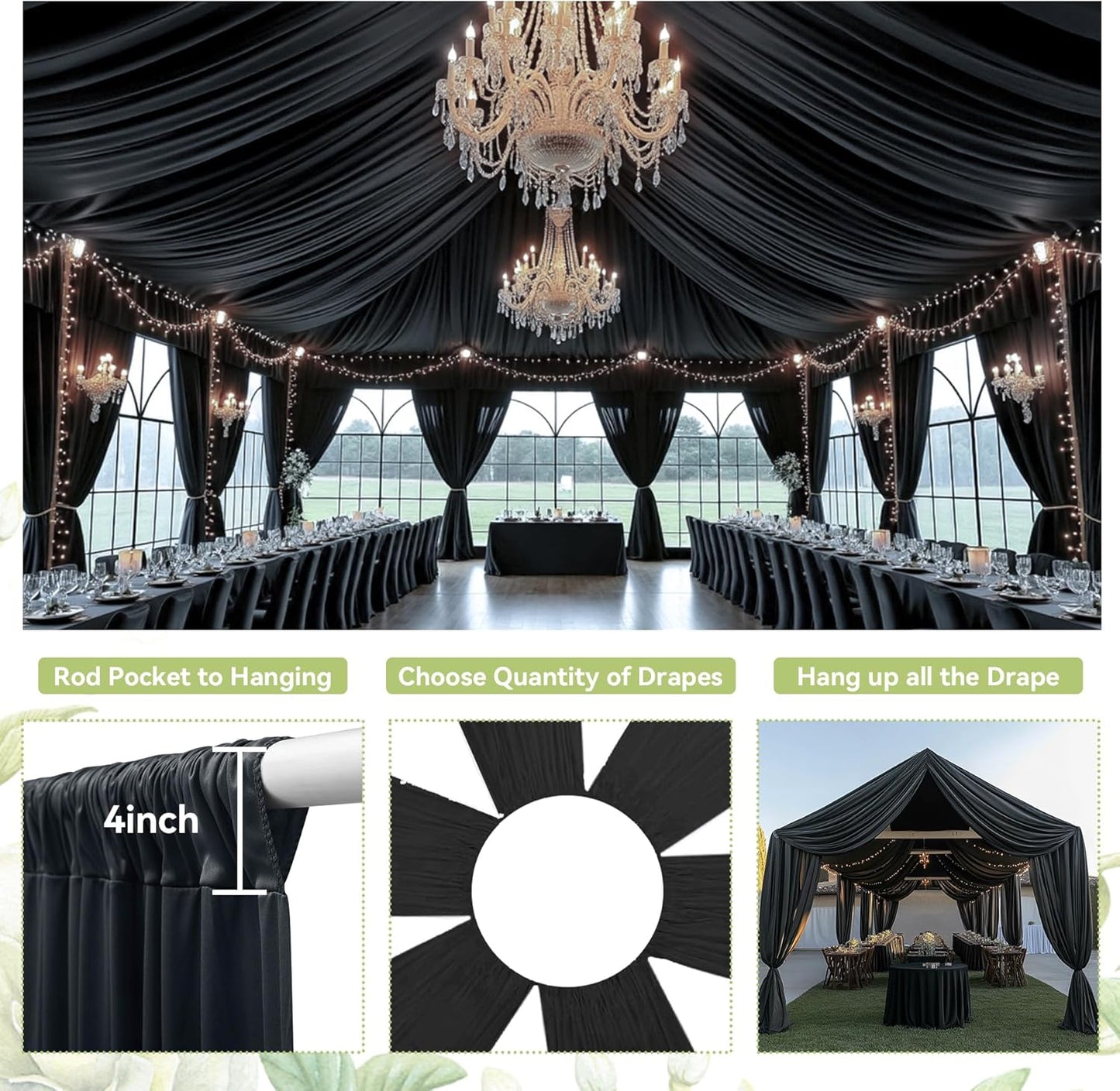 PartyVillage 10 Panels 5ftx30ft Black Ceiling Drapes for Halloween Parties – 30 FT Extra Long Thick Polyester Wrinkle-Free Drapery Tent Decor Decorations for Birthday Party Ceremony Stage Swag