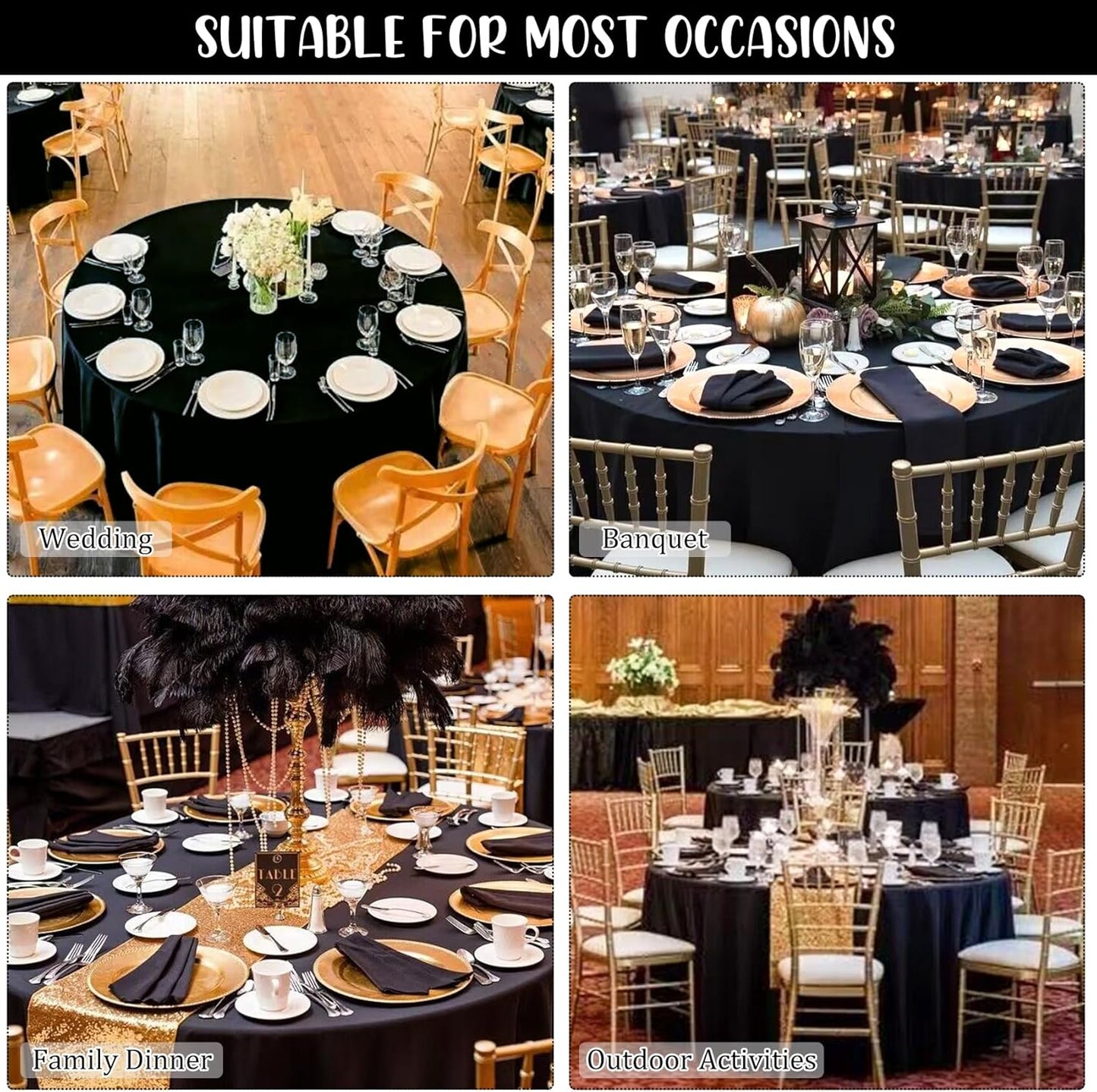 8 Pack Round Tablecloth 70 Inch Black Round Table Covers Bulk Washable Polyester Fabric Table Clothes for Wedding Party Reception Banquet Buffet Restaurant (Black, 70 Inch)