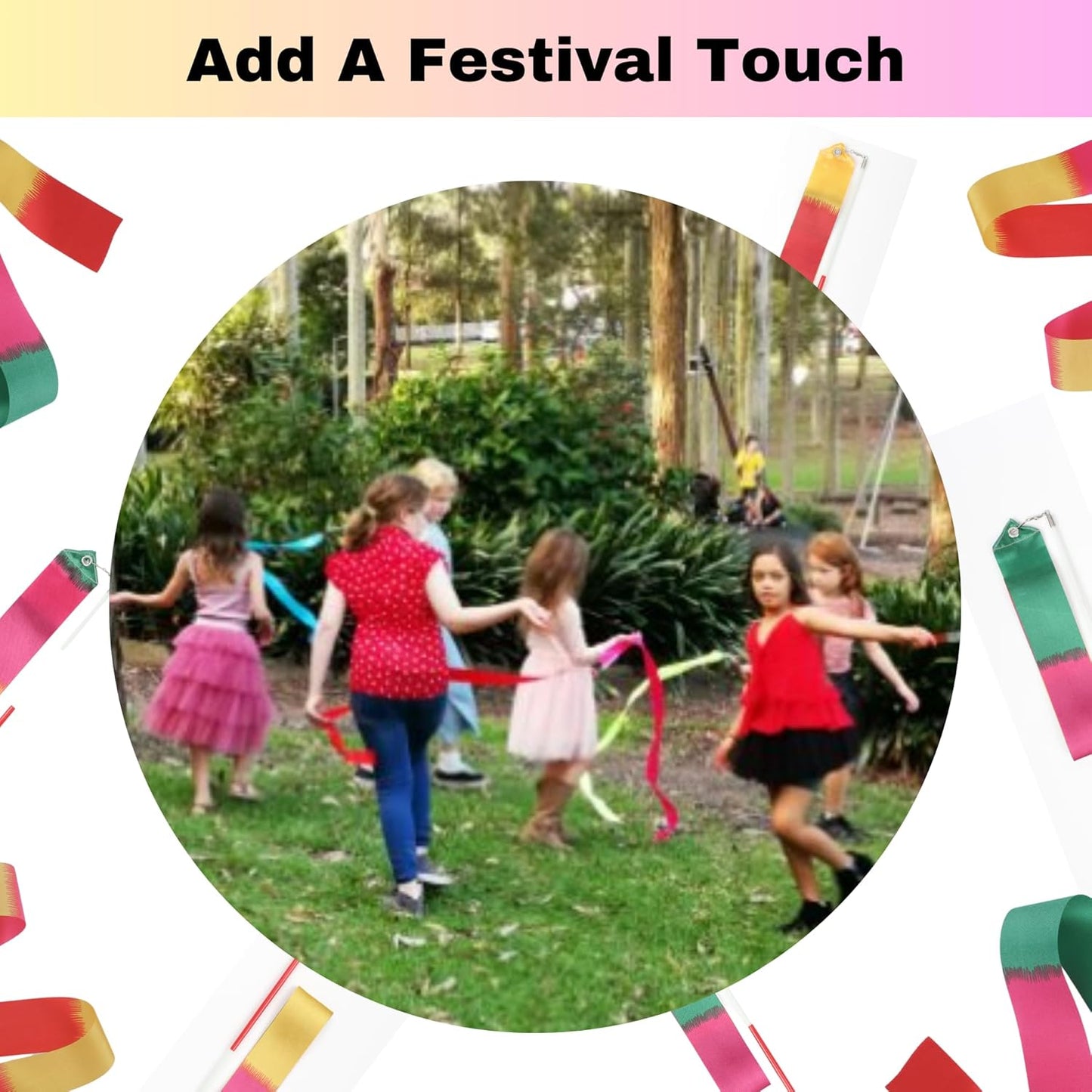 Dance Wands Ribbon Pack, Party Favors for Girls Goodie Bags, Outdoor Kids Rainbow Birthday Party Games, Gymnastics Gift Bags Steamers (multicolored ribbon with Red grip,10pcs set)