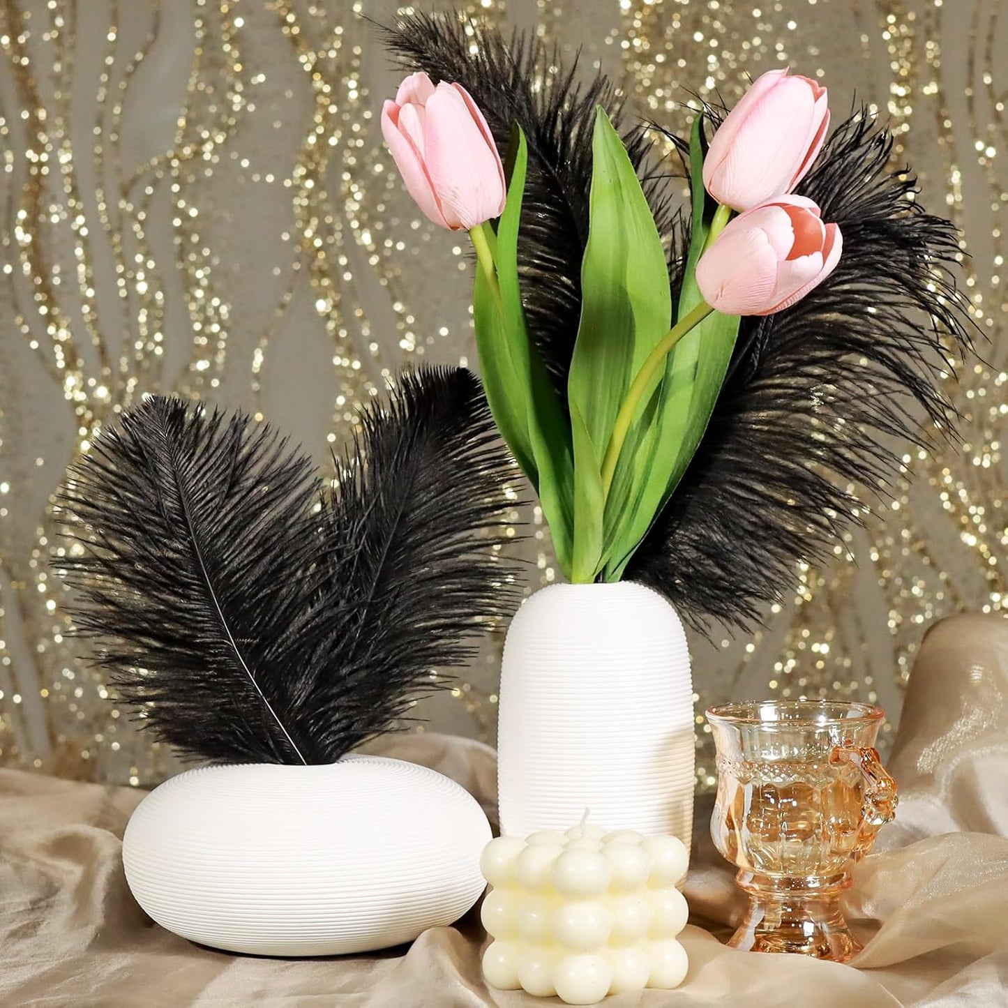 FANDAMEI 20 Pcs Black Ostrich Feathers, Black Feathers, 8-10 inch (20-25cm), Feathers for Crafting, Craft Feathers for Centerpiece Table Decorations, Home Decorations, Black Party Decorations