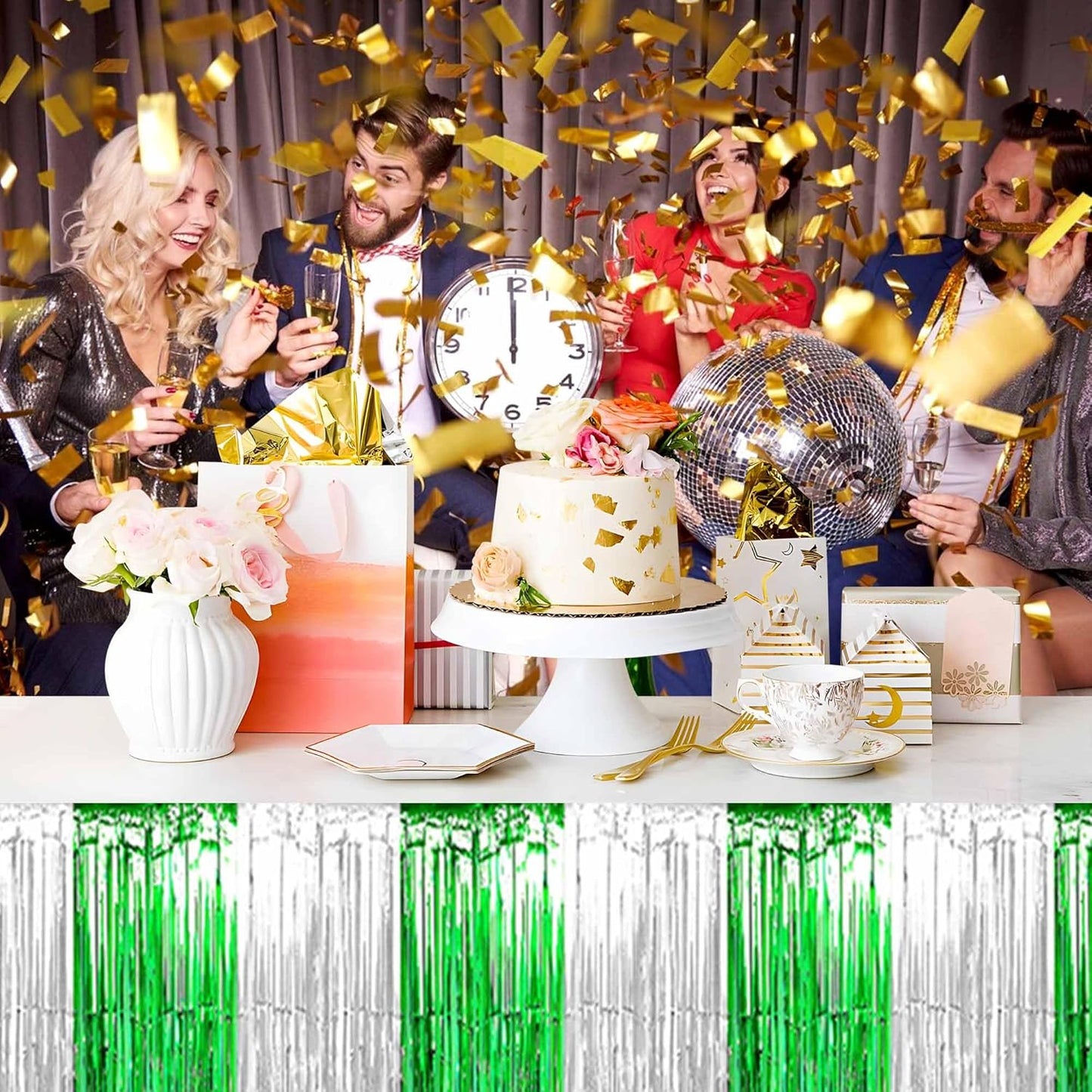 3 Pack 29 x108 Inch Silver Green Foil Fringe Table Skirts Metallic Banner for Tinsel Streamer Garland Backdrop for Parade Floats Mother's Day, Graduate, Birthday, Wedding Party Decoration