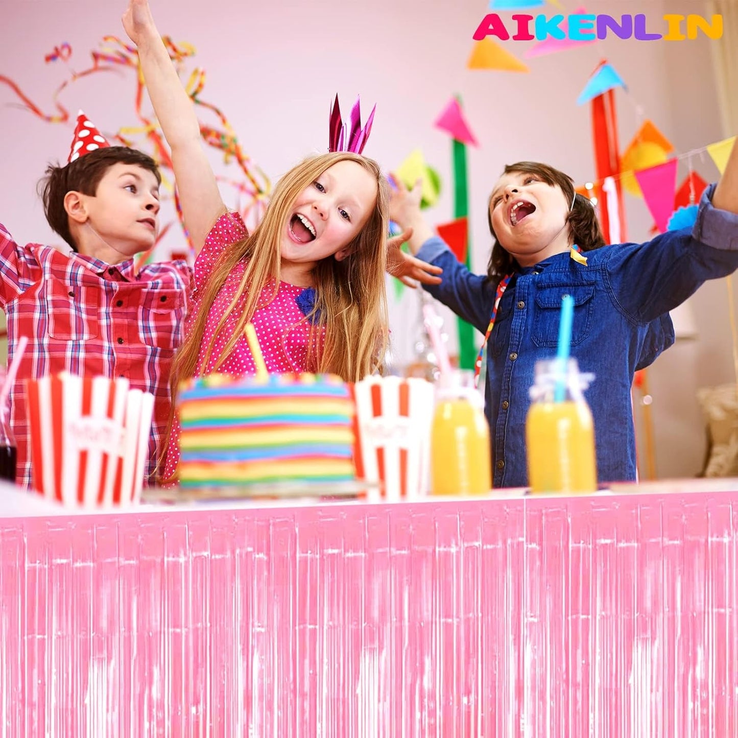 6 Pack 29x108 Inch Metallic Foil Fringe Tinsel Table Skirts Banner for Rectangle Tables Streamer Garland Curtains Backdrop for Birthday, Parade Floats, Valentine's Day Party Decoration(Macaron Pink)