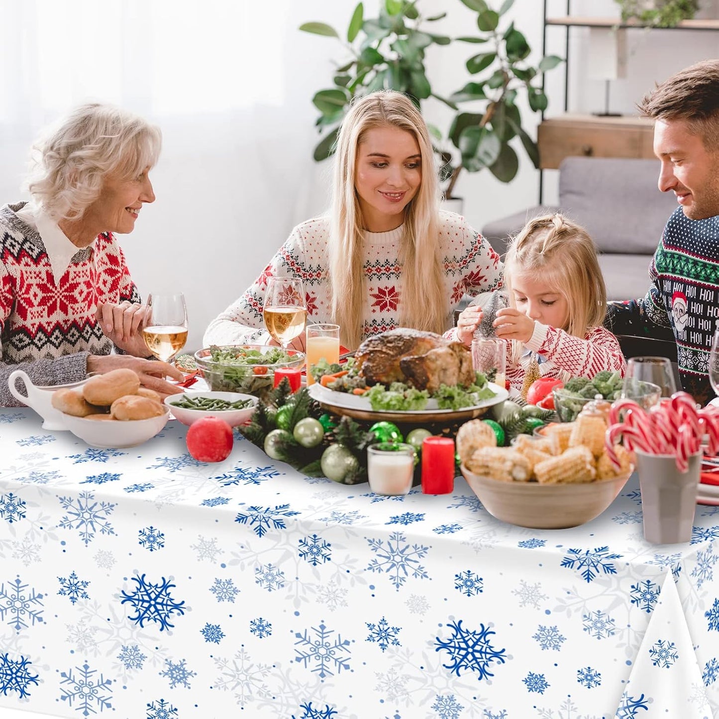 3 Pieces Snowflake Christmas Party Tablecloth Decorations,Plastic White Snowflake White Blue Xmas Backdrop Sign Table Cover Banner for Winter Christmas Holiday Party Supplies,54x108 inch(White/Blue)