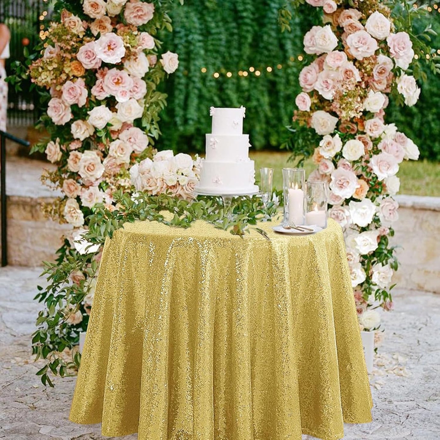 OQSQ Gold 50" Round Sequin Tablecloth, Glitter Tablecloth for Bridal Shower Decorations, Birthday, Wedding, Dessert, Banquet.