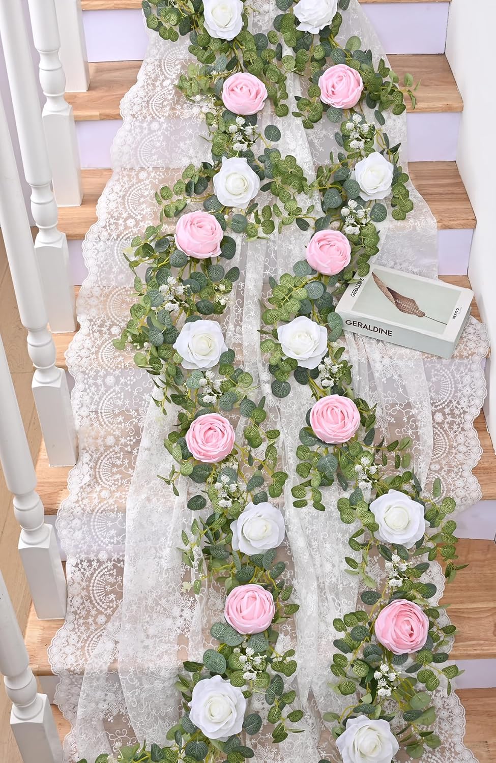 Waipfaru 2Pack 6.07FT Artificial Eucalyptus Garland with Flowers, Fake Rose Gypsophila Floral Garland, Floral Vines for Wedding Table Backdrop Party Centerpiece Room Decor