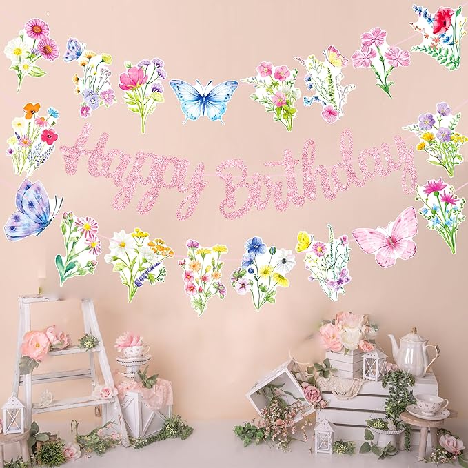 Wildflowers Happy Birthday Banners 3Pcs Pink Butterfly Theme Party Decorations for Women Girl Spring Birthday Baby Shower Supplies