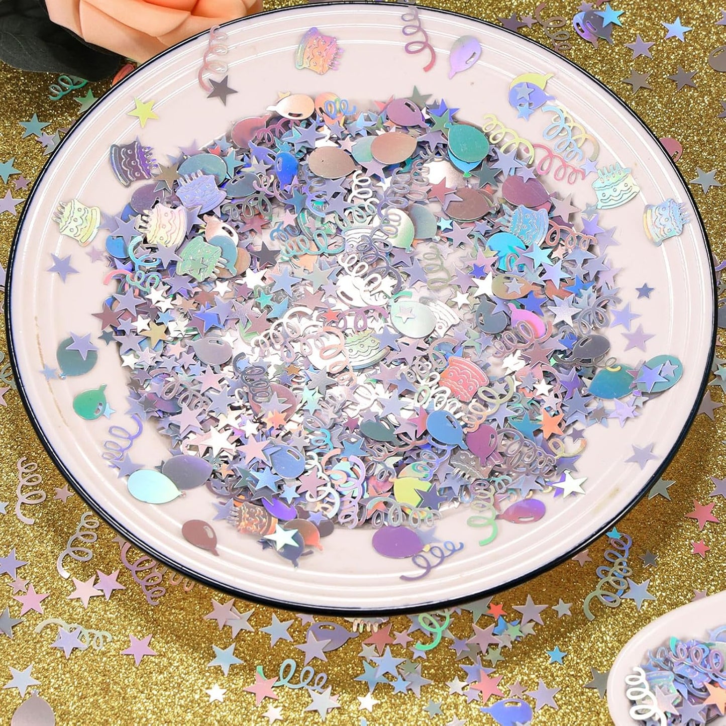 VHUWE Happy Birthday Confetti, 1.6 oz Laser Silver Cake Balloon Star Goblet Bottle Swirl Glitter Confetti for Boys Girls Kids Women Men Happy Birthday Party Table Decorations Supplies