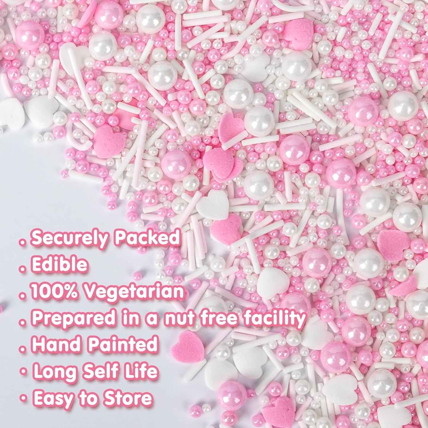 Edible Heart Sprinkles for Cake Decorating,White Pink Pearl Sugar Jimmies Mix Size 130g/4.58oz,Baking Candy Decorations,Cupcake Toppers,Cookie Donuts Ice Cream Dessert Decorating,Wedding Birthday Party Valentines Christmas Supplies