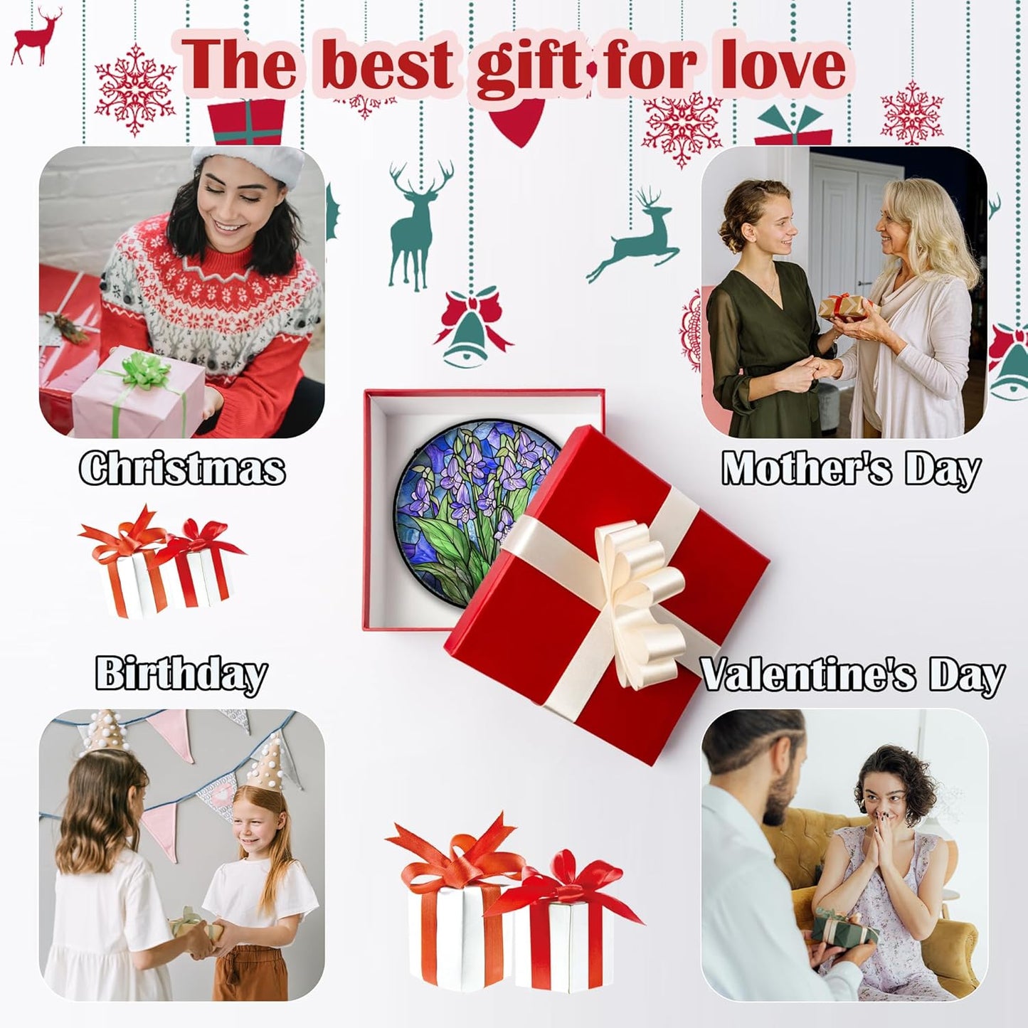 Stained Glass Suncatcher, Blue Purple Flowers Green Leaves Sun Catcher Plants Stain Glass Window Hanging Decoration Mother's Day Birthday Gifts for Women Men Mom and Nana 6.3 in