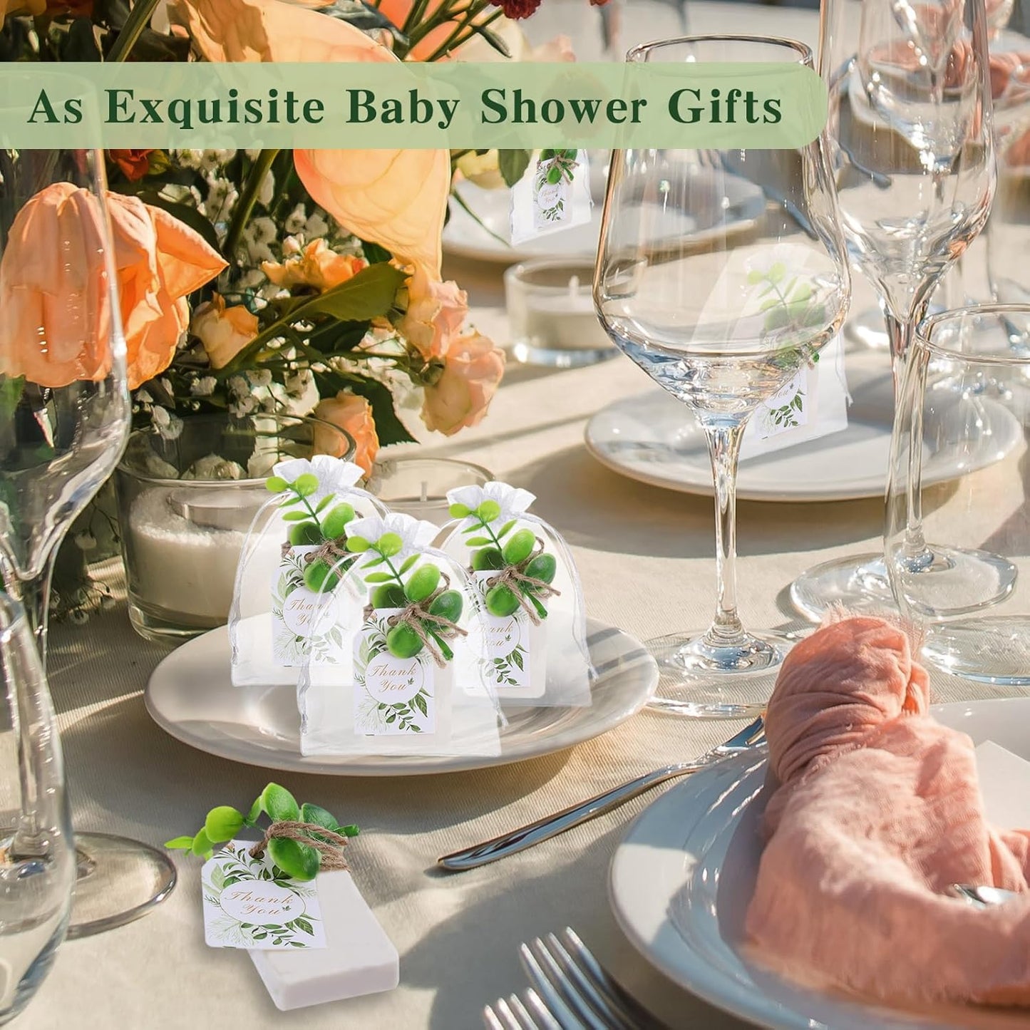 50PCS Handmade Soap Wedding Favor Natural Eucalyptus Handmade Soaps Soap Thank You Gifts Bridal Shower Favors Soaps for Baby Shower Party Spring Garden Decorations with Cards White Sandbags