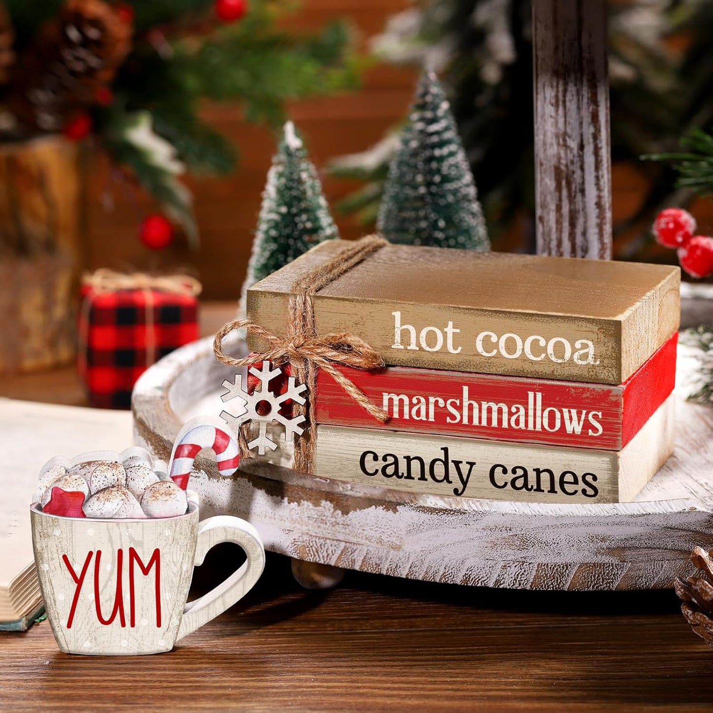 4 Pcs Christmas Table Decorations Winter Snowflake Tiered Tray Decorations Decorative Mini Wooden Books Subject Signs Block Centerpiece for Office Tabletop Shelf Housewarming Gifts