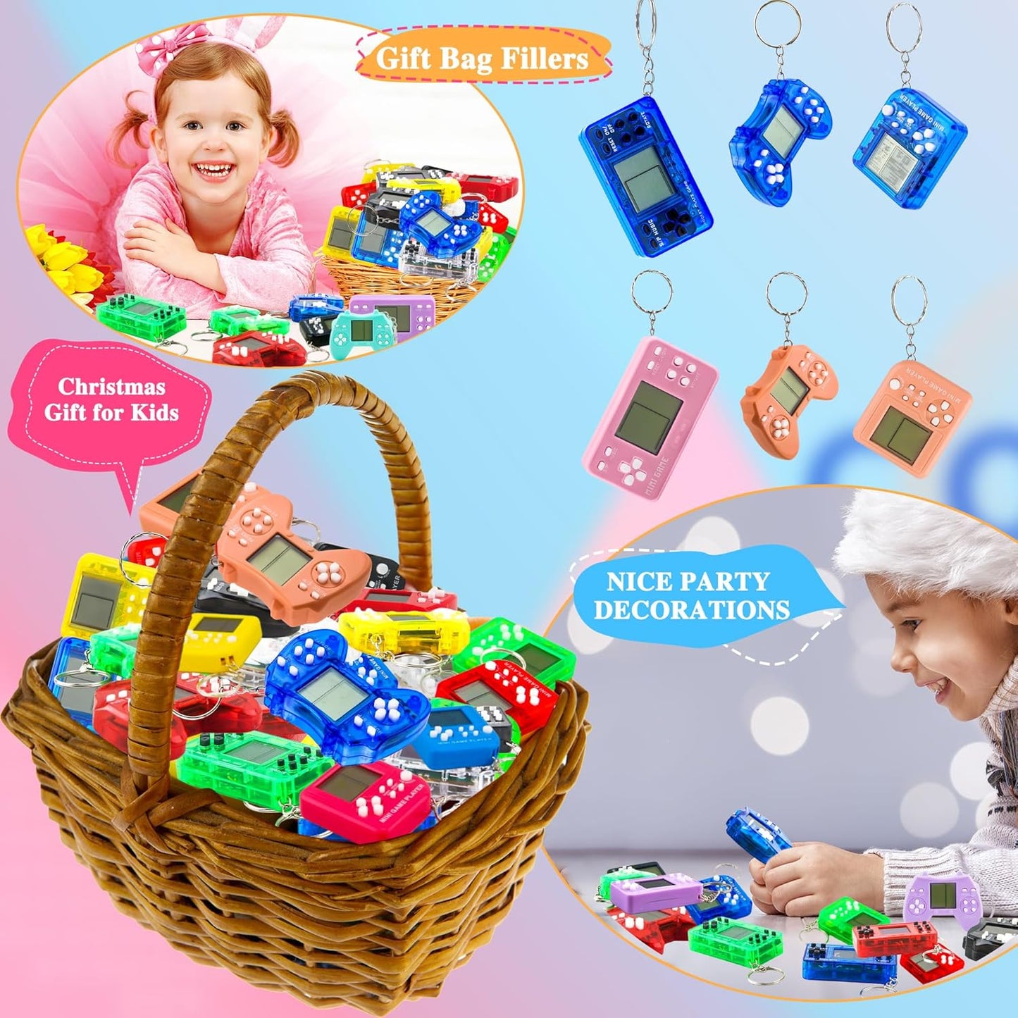 36 Pack Video Game Keychain Mini Square Handheld Video Game Key Chain for Kids Birthday Video Game Party Favors