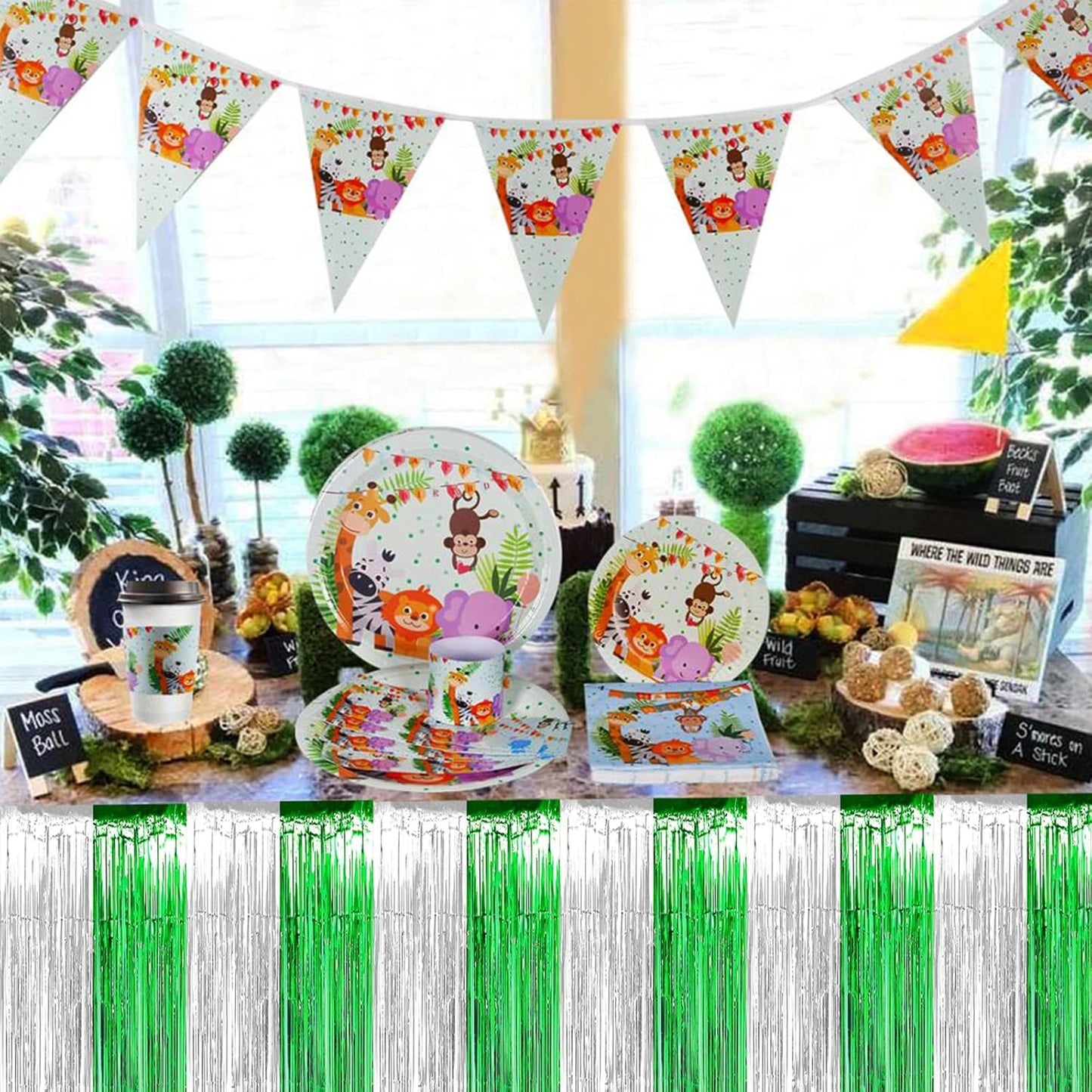 4 Pack 29x108 Inch Metallic Foil Fringe Tinsel Table Skirts for Rectangle Tables Streamer Backdrop for Wedding, Birthday, Parade Floats, Christmas, Halloween Party Decoration(Silver Green)