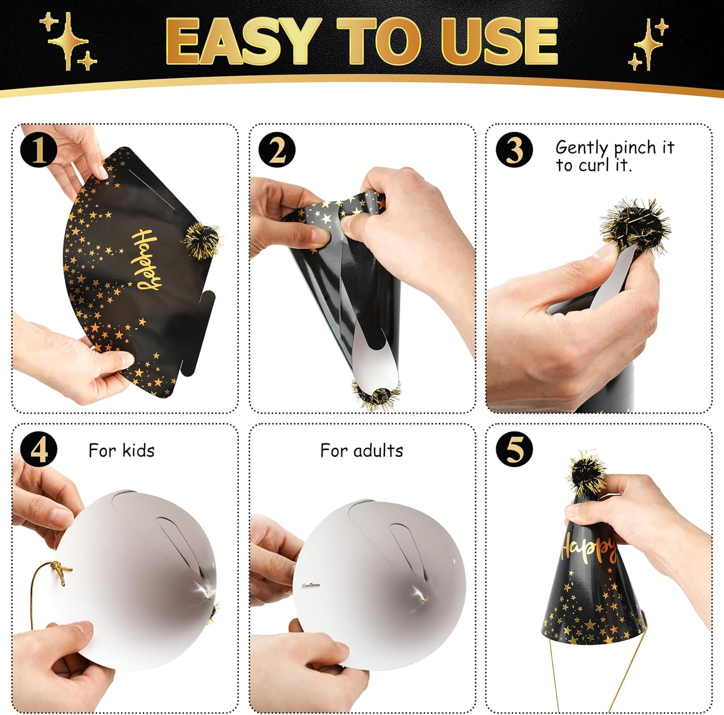 34 Pcs Birthday Party Hats - Gold Cone Hats Including 12 Paper Hats and 22 Noise Makers