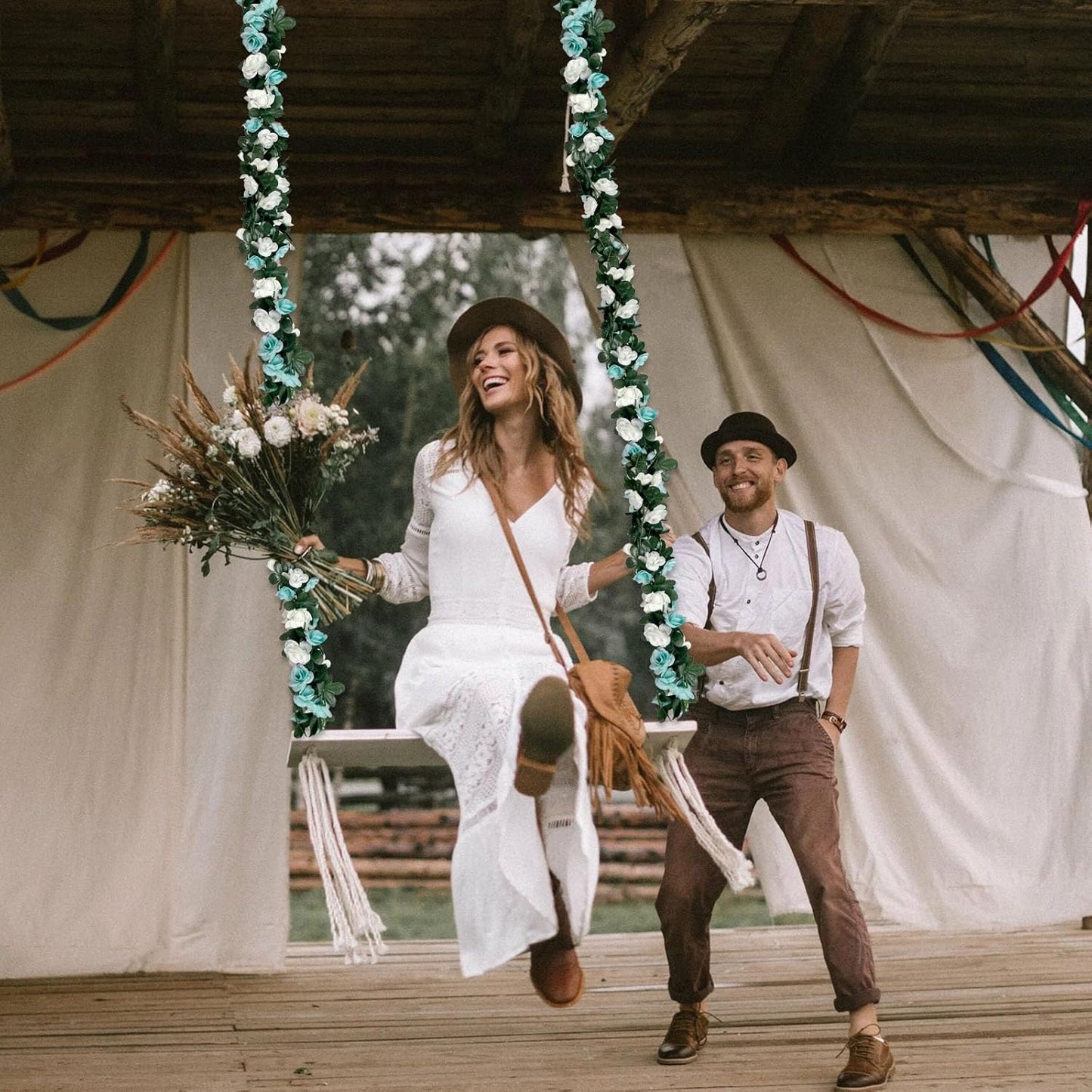 8Pcs 63Ft Teal&White Rose Garland, Fake Rose Hanging Flowers, Artificial Flower Vine, Hanging Floral Vine Garland for Wedding, Birthday Party, Wall Arch, Halloween, Christmas Garden Backdrop Decor