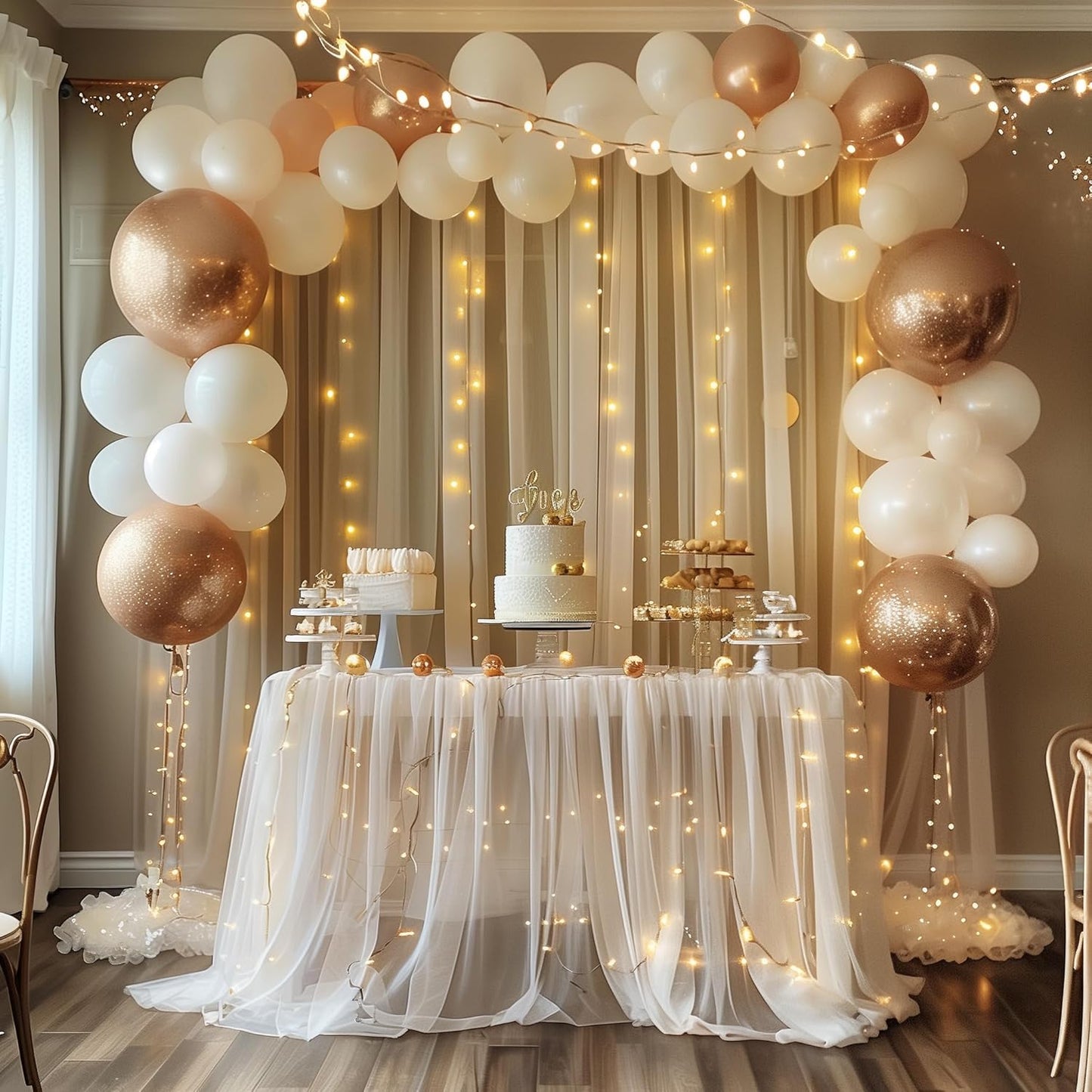 Tulle Backdrop Curtains with Lights String 10FT X 8FT Champagne Sheer Curtain with Lights Tulle Curtains Backdrop for Wedding Birthday Party Photo Shoot (2 Panels 5x8FT)