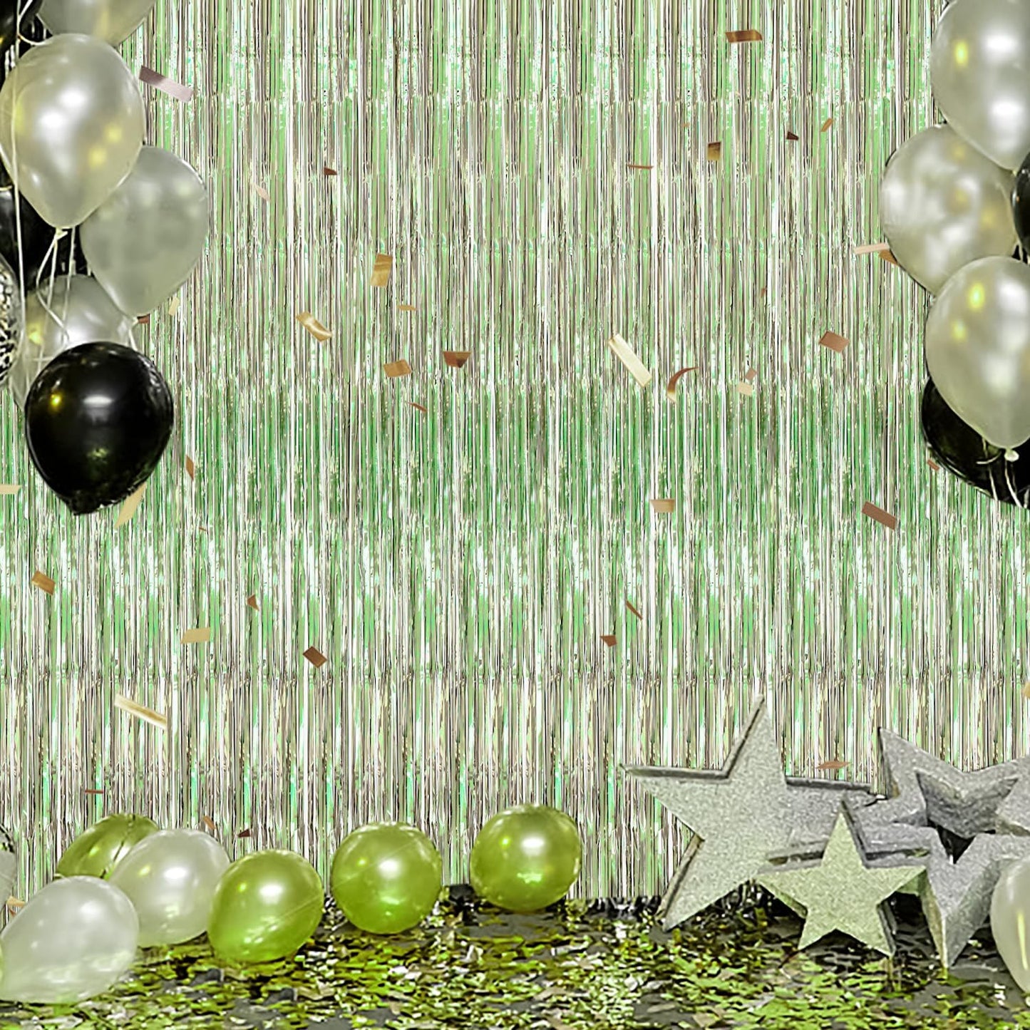 3 Pack Foil Fringe Backdrop - Light Green Shiny Tinsel Curtains for Party Decoration/Photo Booth Props - 3.3x8.2 FT Metallic Foil Backdrop for Birthday, Wedding, Graduation, Christmas