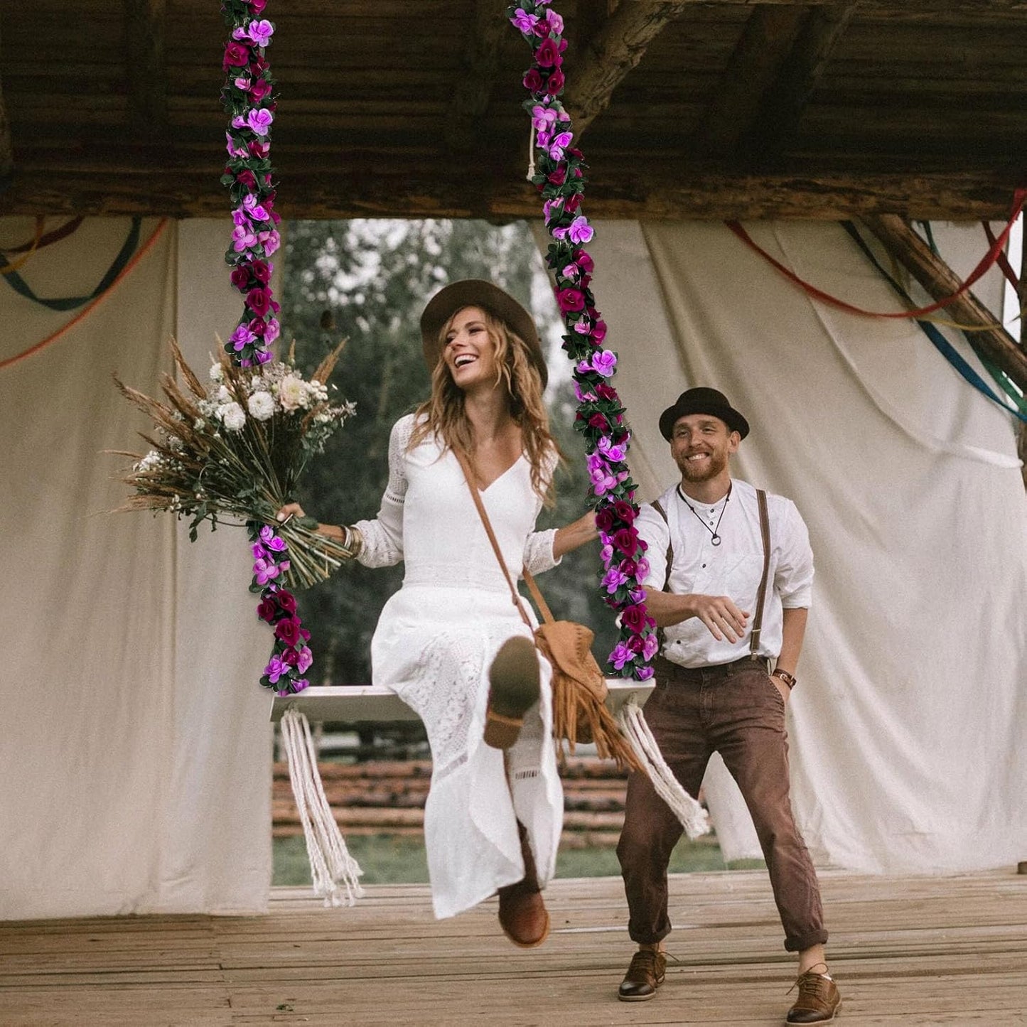 16Pcs 126Ft Purple Rose Garland, Fake Rose Hanging Flowers, Artificial Flower Vine, Hanging Floral Vine Garland for Wedding, Birthday Party, Wall Arch, Halloween, Christmas Garden Backdrop Decor