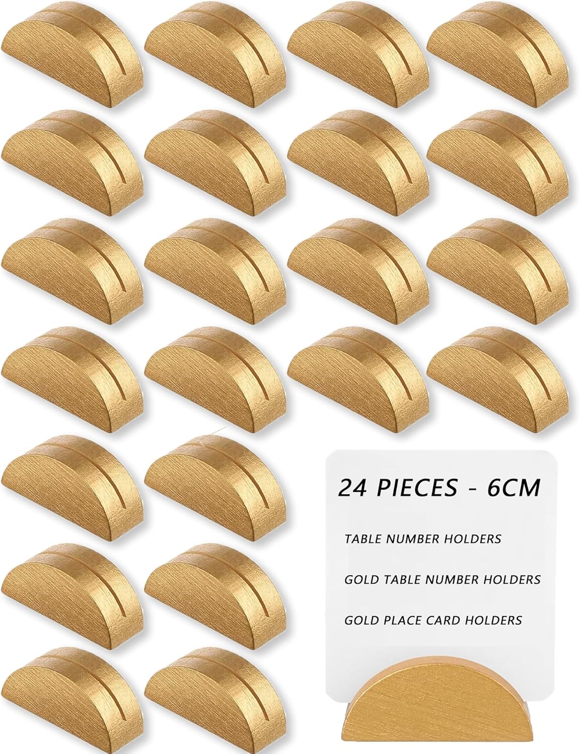 24 Pcs-6cm Table Number Stands, Wooden Semicircular Base - Wedding Place Card Holders, Restaurant Menu & Photo Holders for Tables Lightweight Indoor Design Office Tag Clips Banquet Birthday Party (gold)