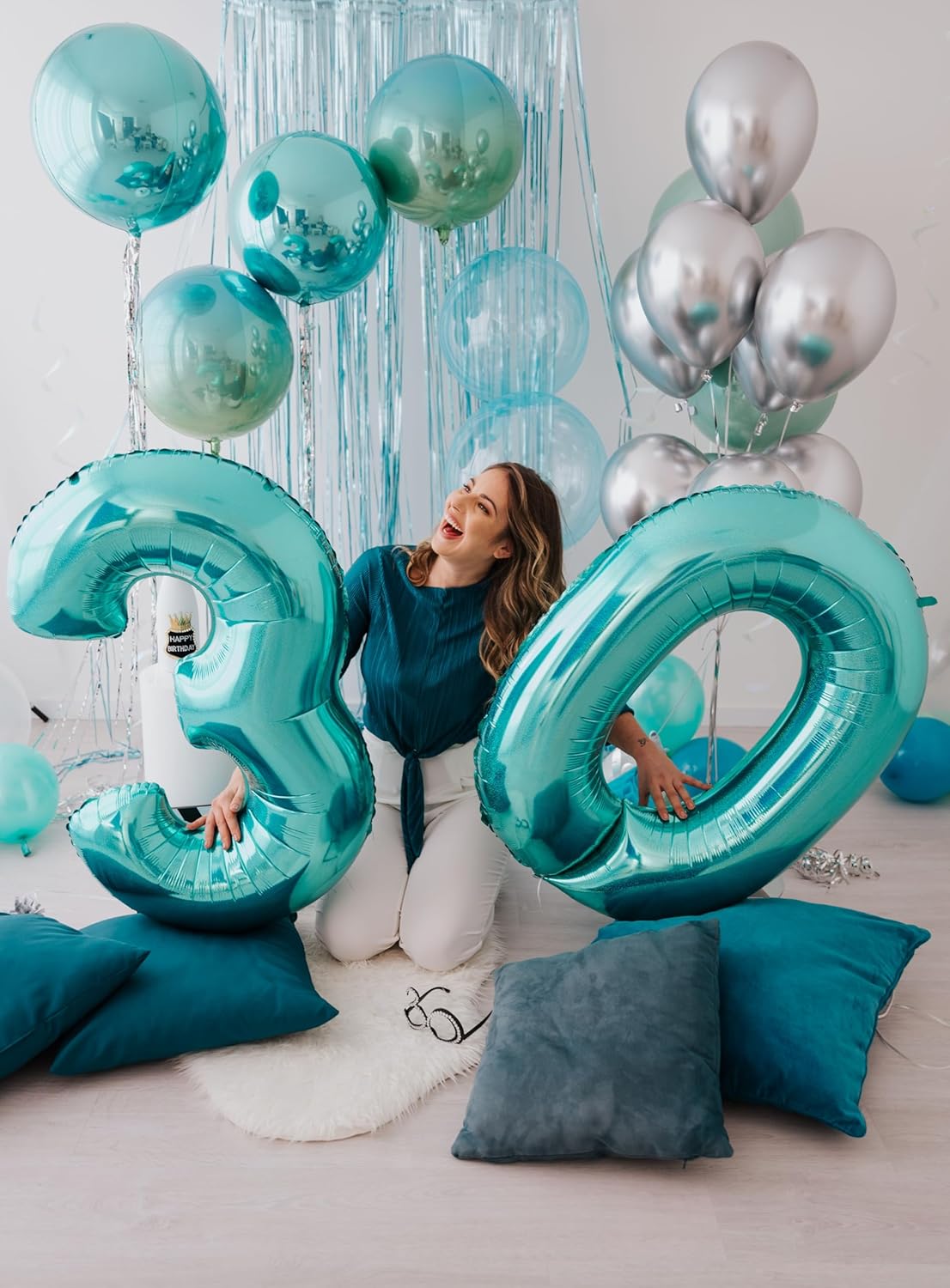 40 Inch Teal Blue 3 Large Number Balloon, 3 13 23 30 33 36 Teal Blue Birthday Party Decorations, Number Three Foil Balloons for Anniversary Party Graduations Celebration Supplies