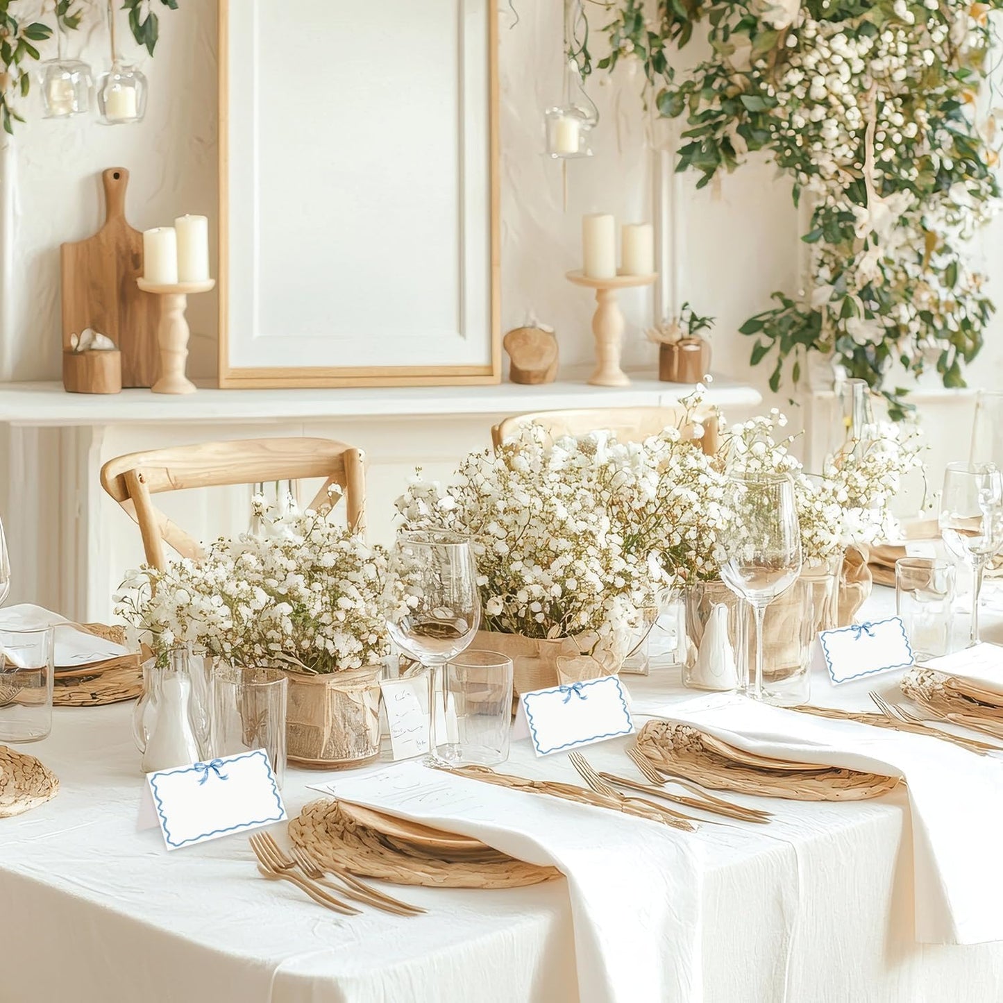 25 Pcs Blue Bow Place Cards, Blank Tent Name Cards for Food Buffet, Dinner Party, Wedding Reception, Bridal Shower Table Setting -08