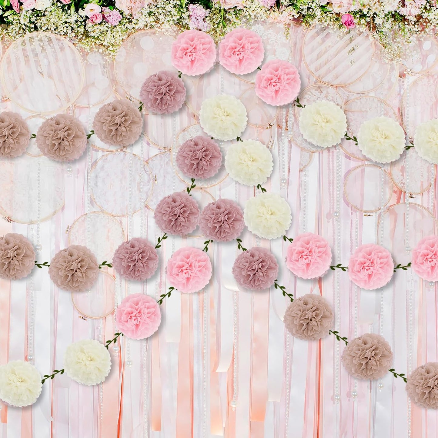 2 Pack Nude Pink Beige Tissue Paper Pom Pom Garlands Hanging with Cloth Vine for Nature Garden Fence Birthday Paty Decorations, 6.6Ft Length