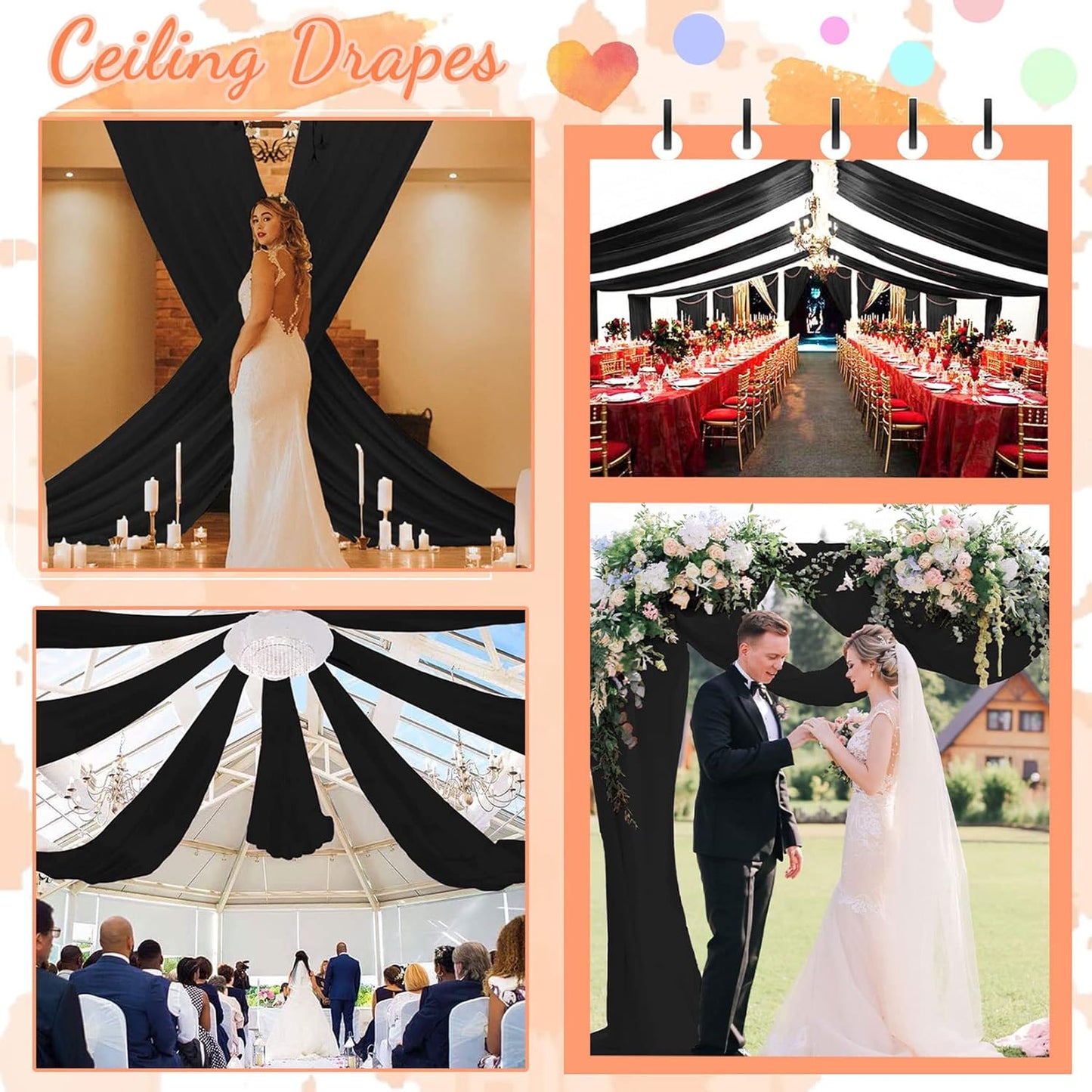 FUHSY Wedding Ceiling Drapes Black Ceiling Drapes for Weddings 5FTx30FT 2 Panels Wedding Arch Drapery Ceiling Fabric Draping Fabric Sheer Voile Curtain Arch Drapes for Ceremony Outdoor Indoor