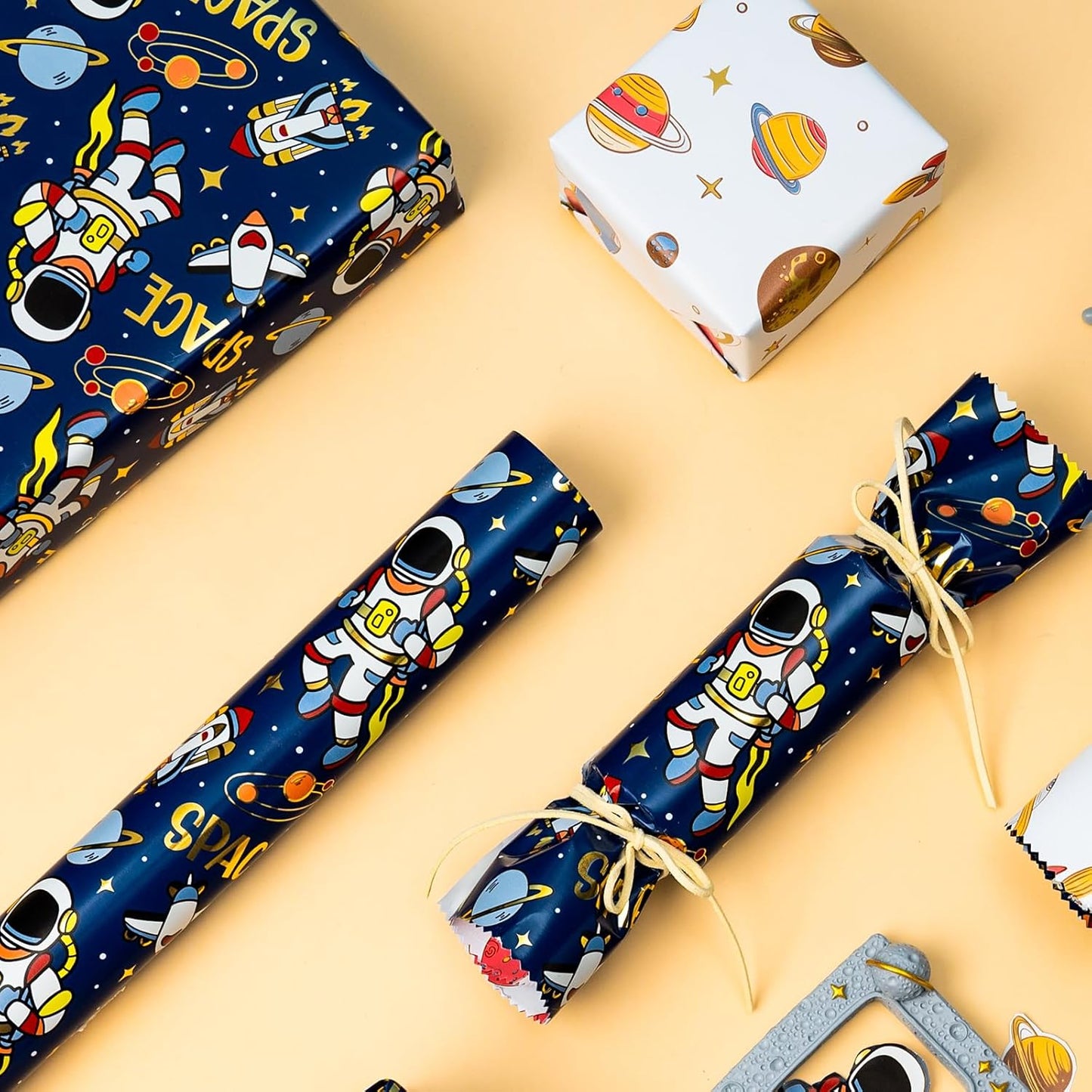 Yarcony Space Wrapping Paper Roll, Birthday Wrapping Paper for Boys, Navy Blue Astronaut Gift Wrap for Kids Birthday Outer Space Party Decor RocketShip Wrap Galaxy Planets Stars (17 Inch X 33 Feet)