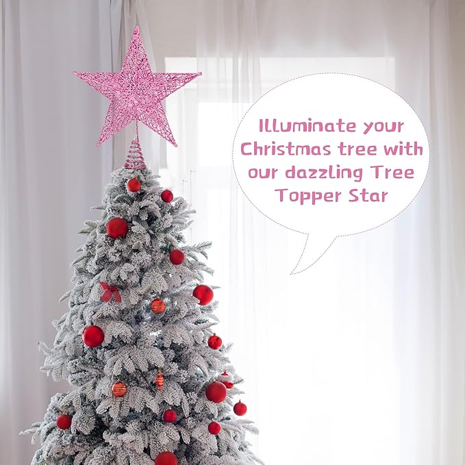 Fovths Christmas Tree Topper 8 Inches Metal Glittered Christmas Tree Topper Wire Star Treetop Sparkle Xmas Decoration for Christmas Tree Ornament Indoor New Year Holiday Party Supplies (Pink)