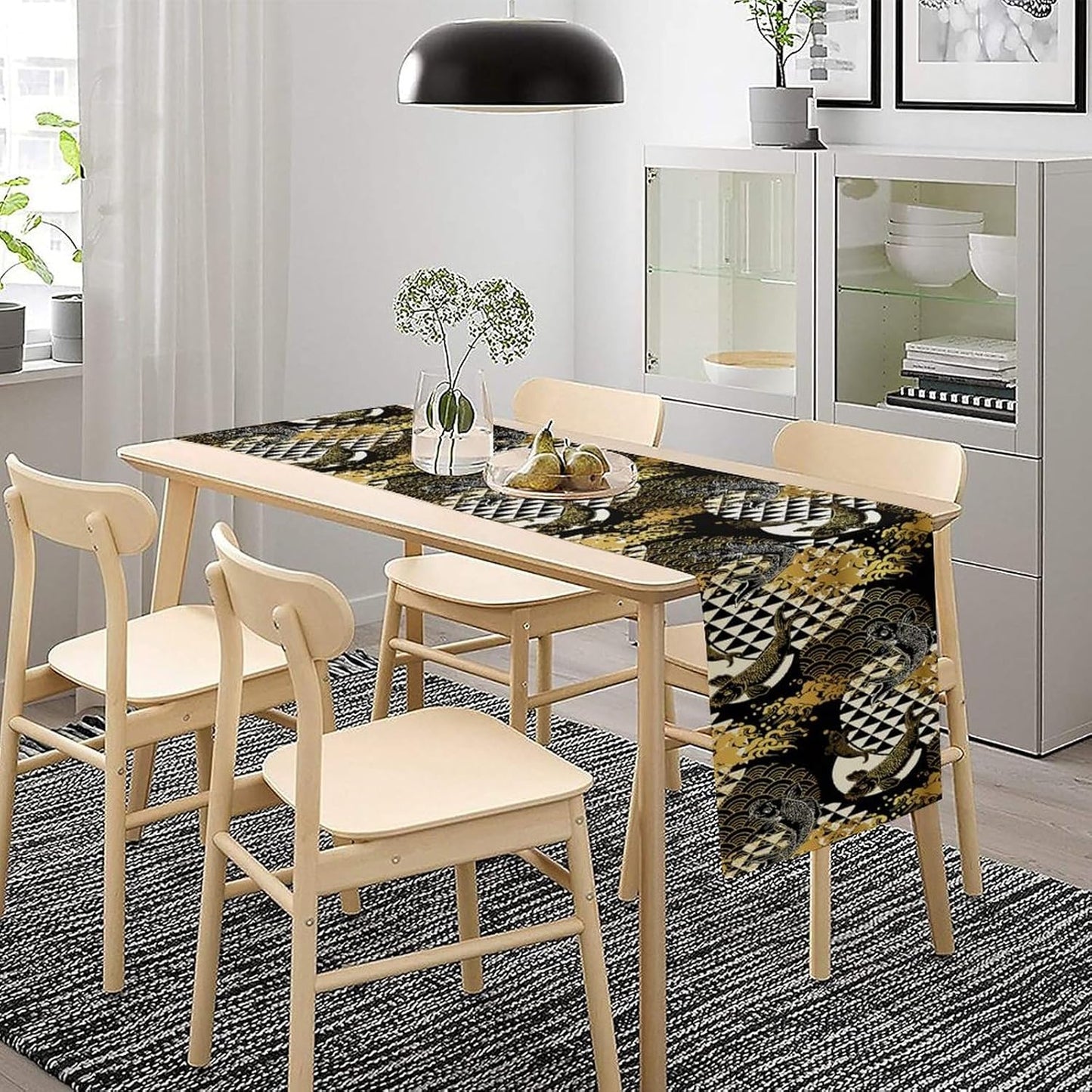 Japanese Table Runner Oriental Tradition Kio Fish Gold Art Printed Burlap Runner Home Kitchen Dining Table Living Room Decor Fabric 1 Panel W13xL90in