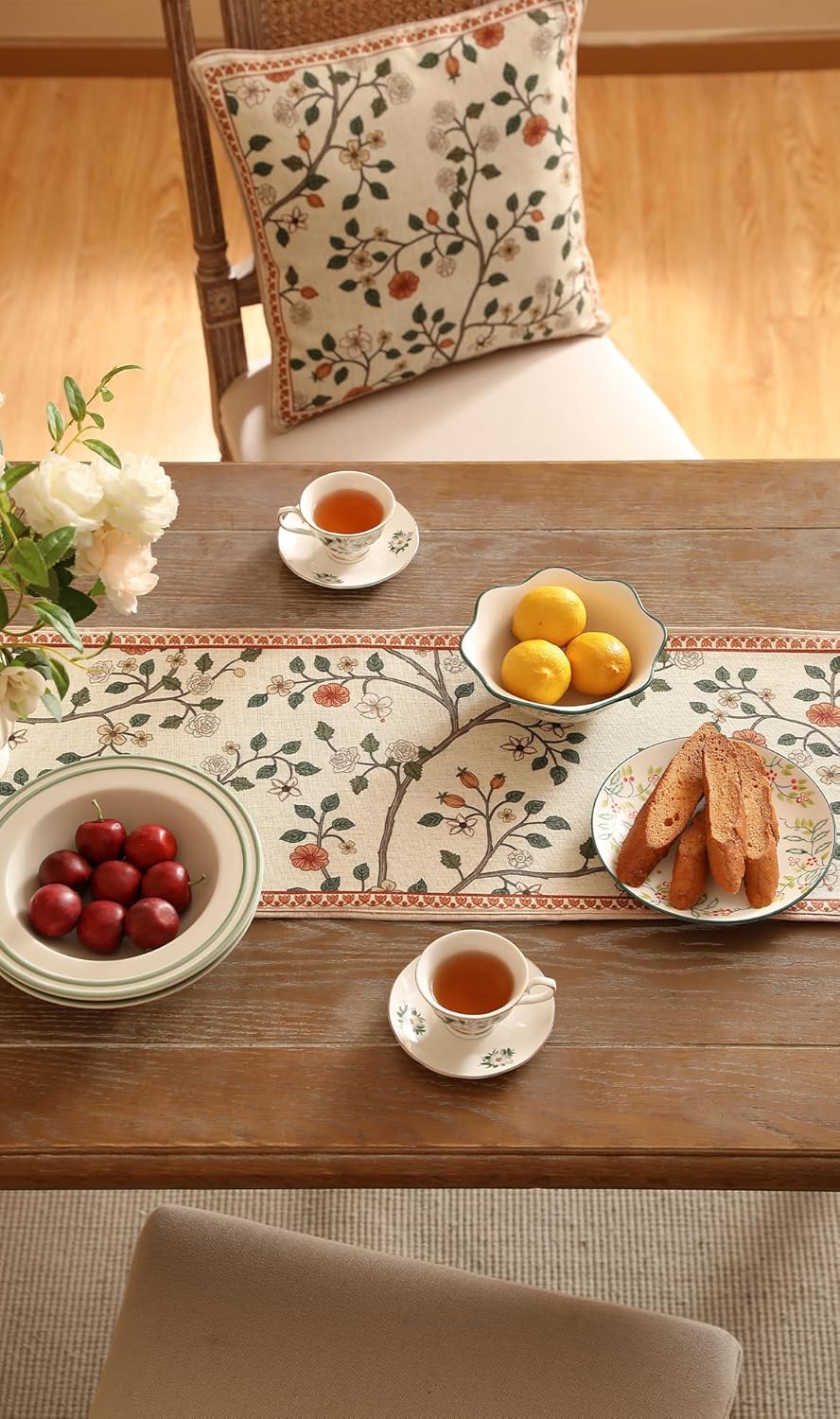 ISAENNE Designer Elegant Linen Floral Table Runner 102 Inches Long,Farmhouse Light Beige Durable Decor Table Runners for Dining Tables,Thanksgiving,Kitchen Tables,Christmas,12"*102"-Flora A