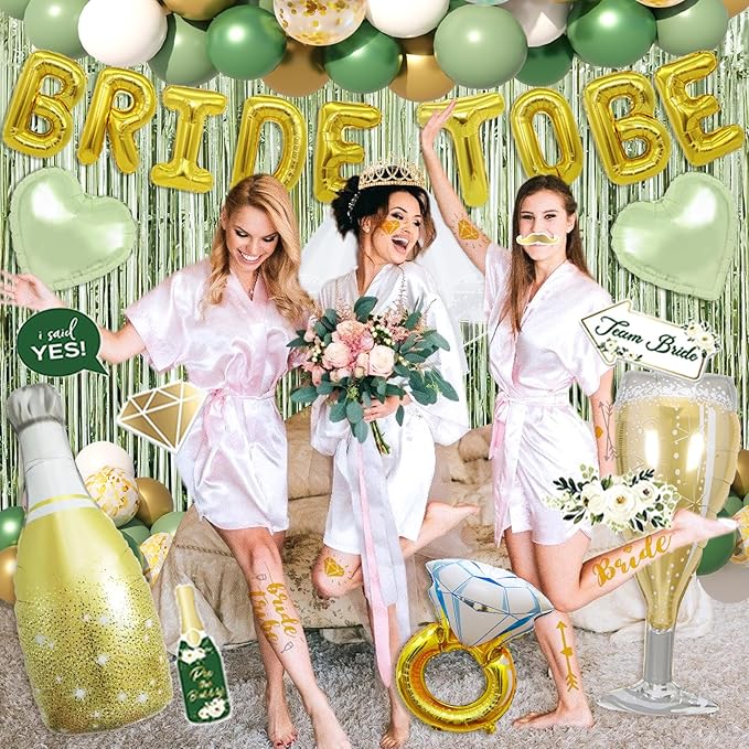 Sage Green Bachelorette Party Decorations, Bride To Be Decorations include Bride To Be Sash Veil Crown Tattoo Stickers Photo Props Fringe Curtain for Bachelorette Engagement Bridal Shower Decorations