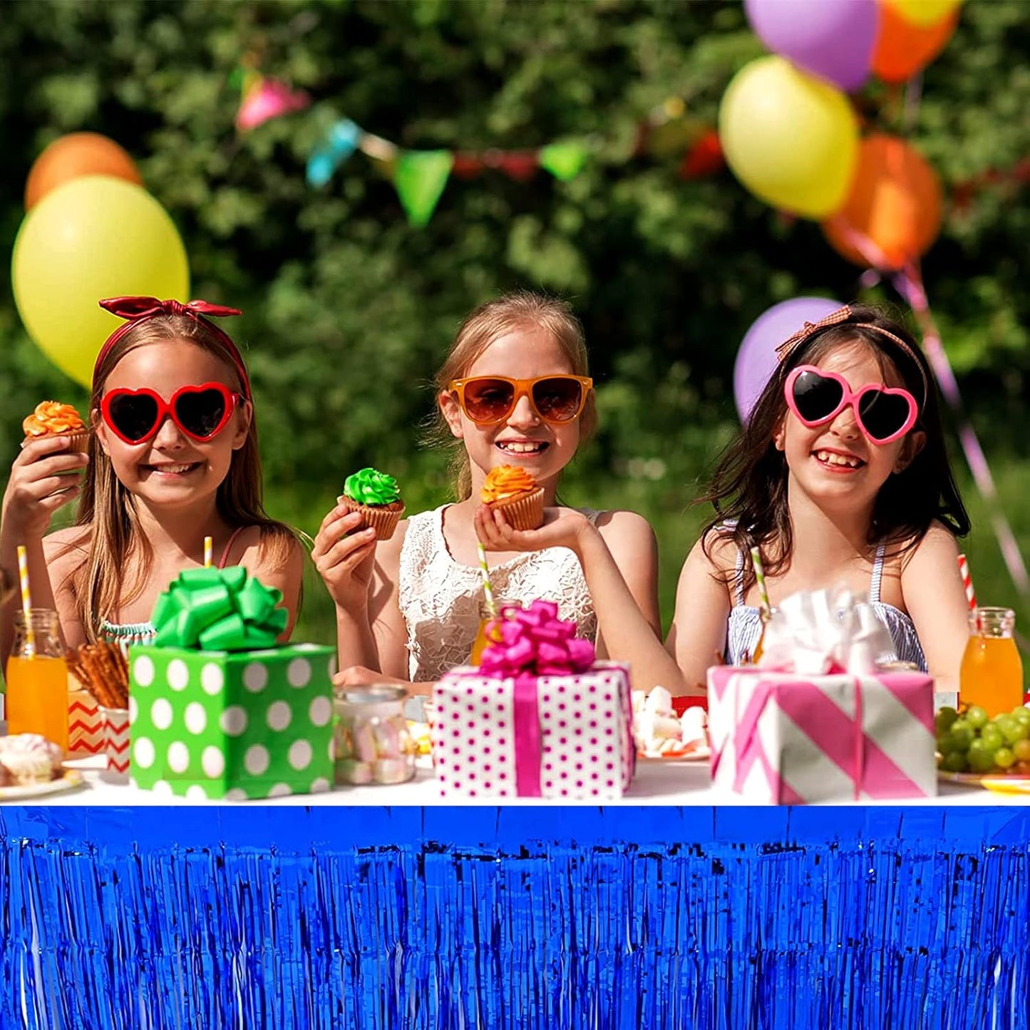 4 Pack 29x108 Inch Metallic Foil Fringe Tinsel Table Skirts for Rectangle Tables Streamer Curtains Backdrop for Wedding, Birthday, Parade Floats, Christmas, Halloween Party Decoration(Blue)