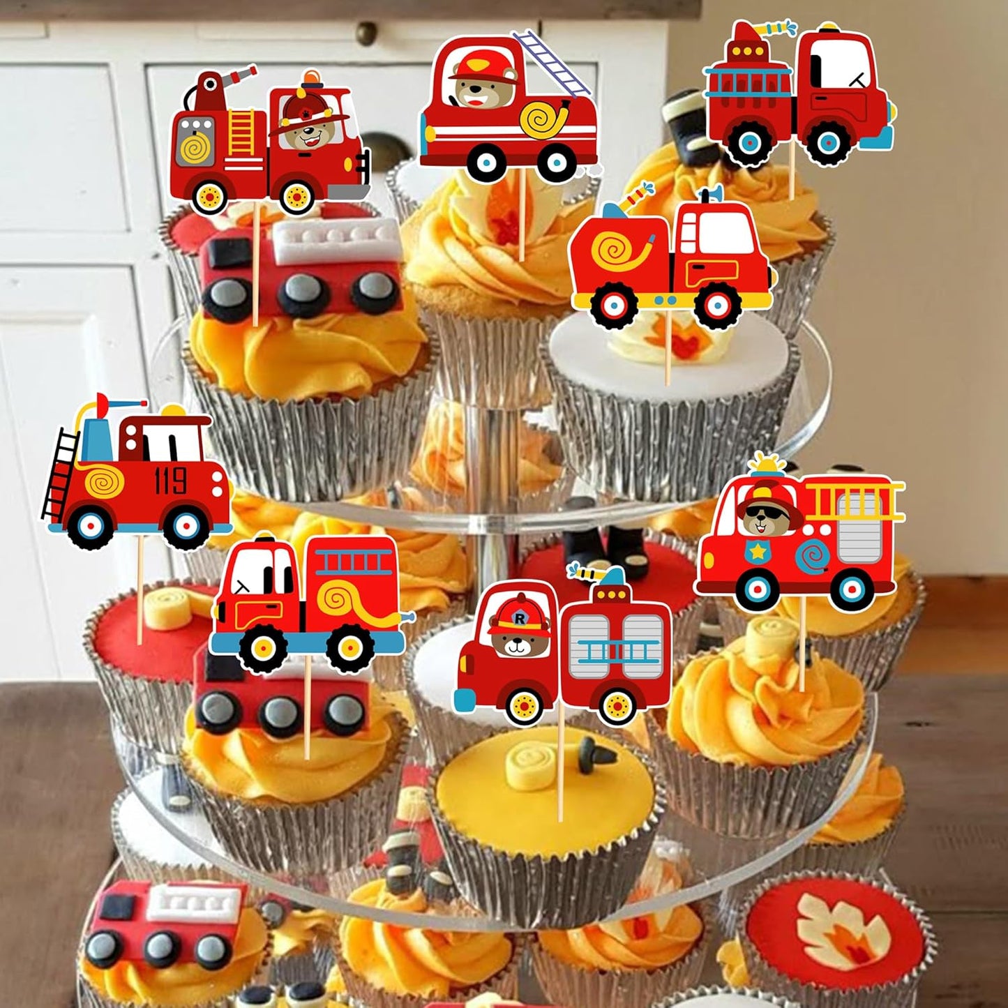 24pcs Fire Truck Cupcake Toppers Bear Firefighter Fire Truck Birthday Decorations Fireman Birthday Party Decorations