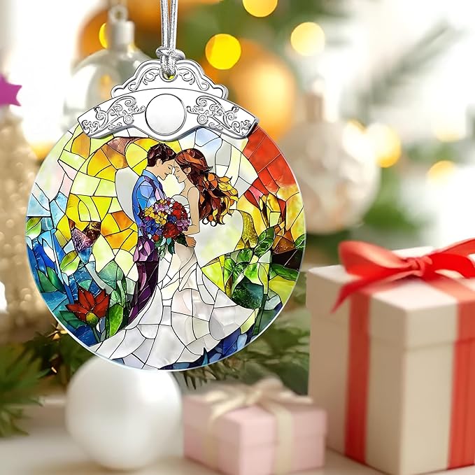 Stained Glass Romantic Couple Wedding Ornament, Christmas Ornaments – Christmas Tree Ornament, Holiday Decor, Xmas Stocking Stuffers, Gift Idea, Gifts for Couple, Newlywed, and Lover