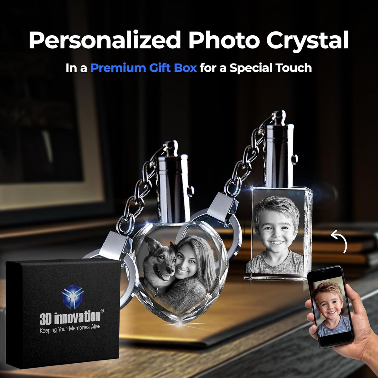 3D innovation Personalized Crystal Keychain Photo with LED Light Custom Laser Etched Key Chain, Valentines Gifts Keepsake