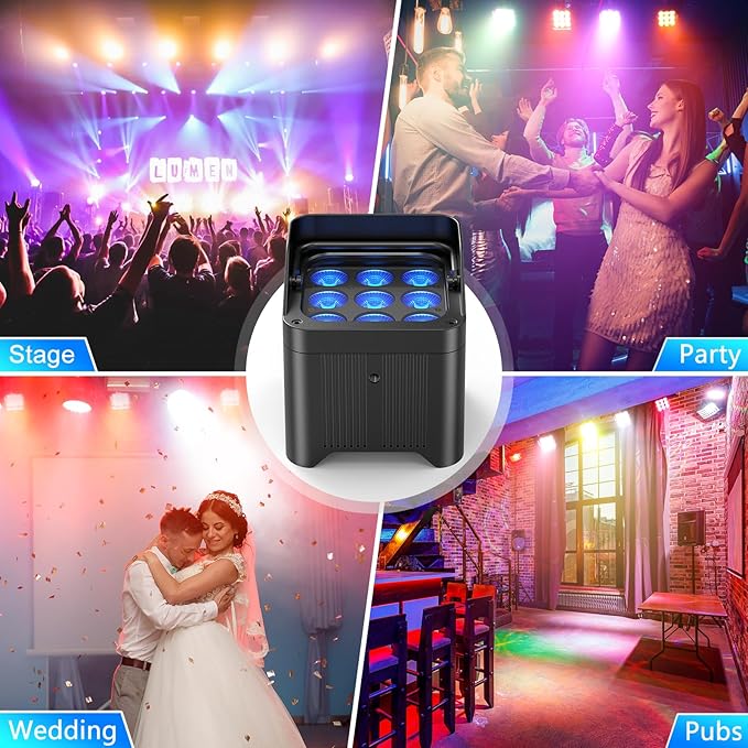 Rechargeable Battery Powered Uplights Waterproof 9X18W LED Par Lights RGBWA+UV 6in1 Full Color APP DMX Stage Uplighting for Event Wedding Party DJ Show Church Halloween Christmas (8 Packs)