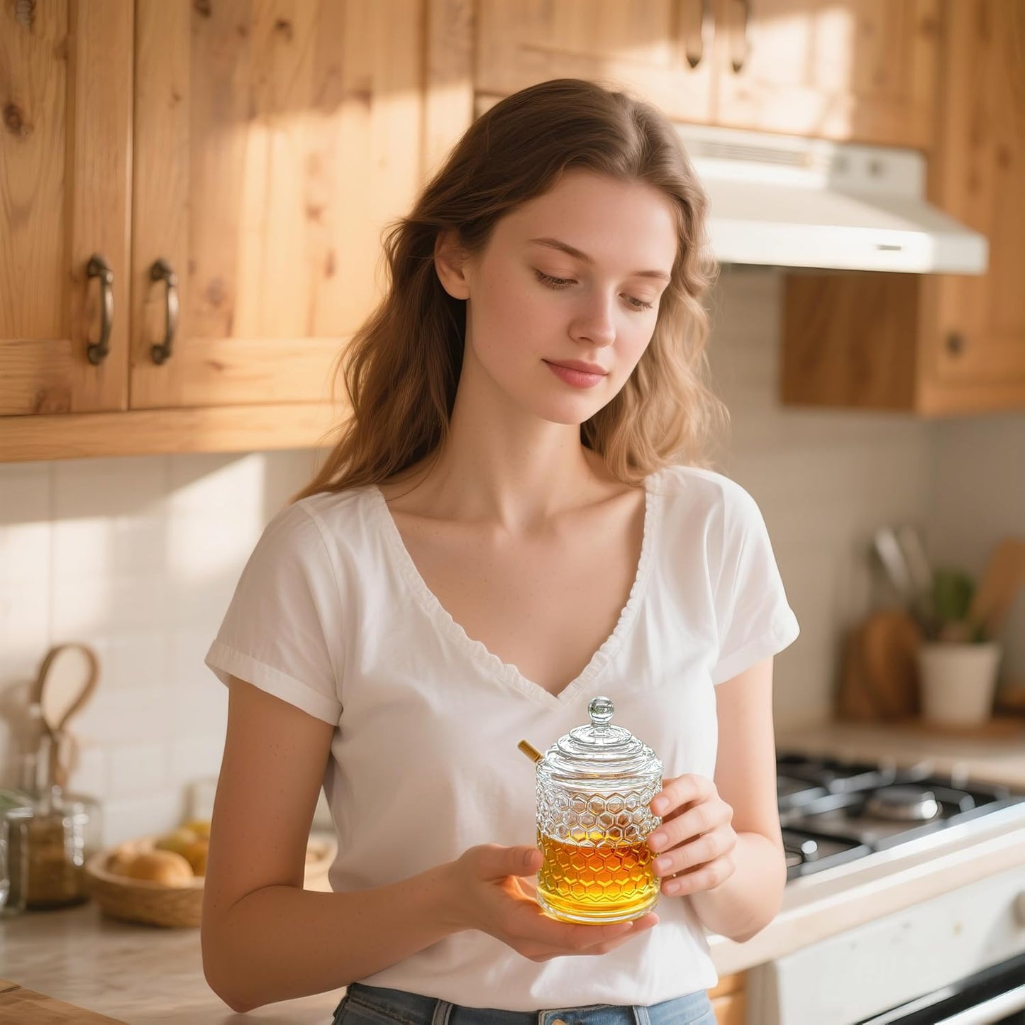 kanpura Clear Crystal Honey Pot with Dipper and Lid Glass Honey Jar with Dispenser Honey Holder and Syrup Container for Home Kitchen,9 oz