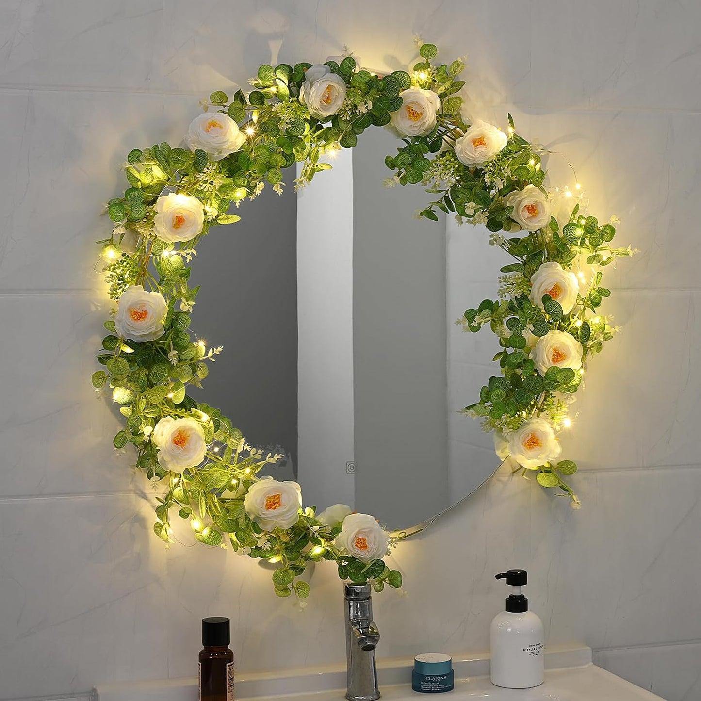 Dolicer 2Pcs 13Ft Artificial Eucalyptus Garlands with Flowers, Faux Floral Greenery Garlands with 13Ft String Lights Fake Flowers Vines for Wedding Centerpieces Arch Party Decor (White)