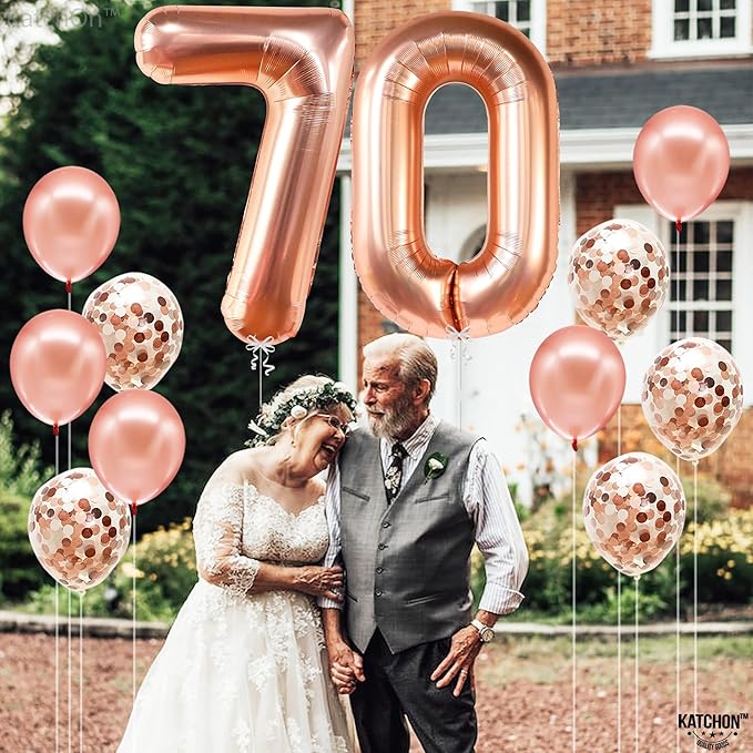KatchOn, Large Rose Gold Number 70 Balloon - 40 Inch | Foil Number Balloon With Confetti For 70th Birthday Decorations | Balloon 70 Balloon For Anniversary Decorations | Rose Gold Party Decoration