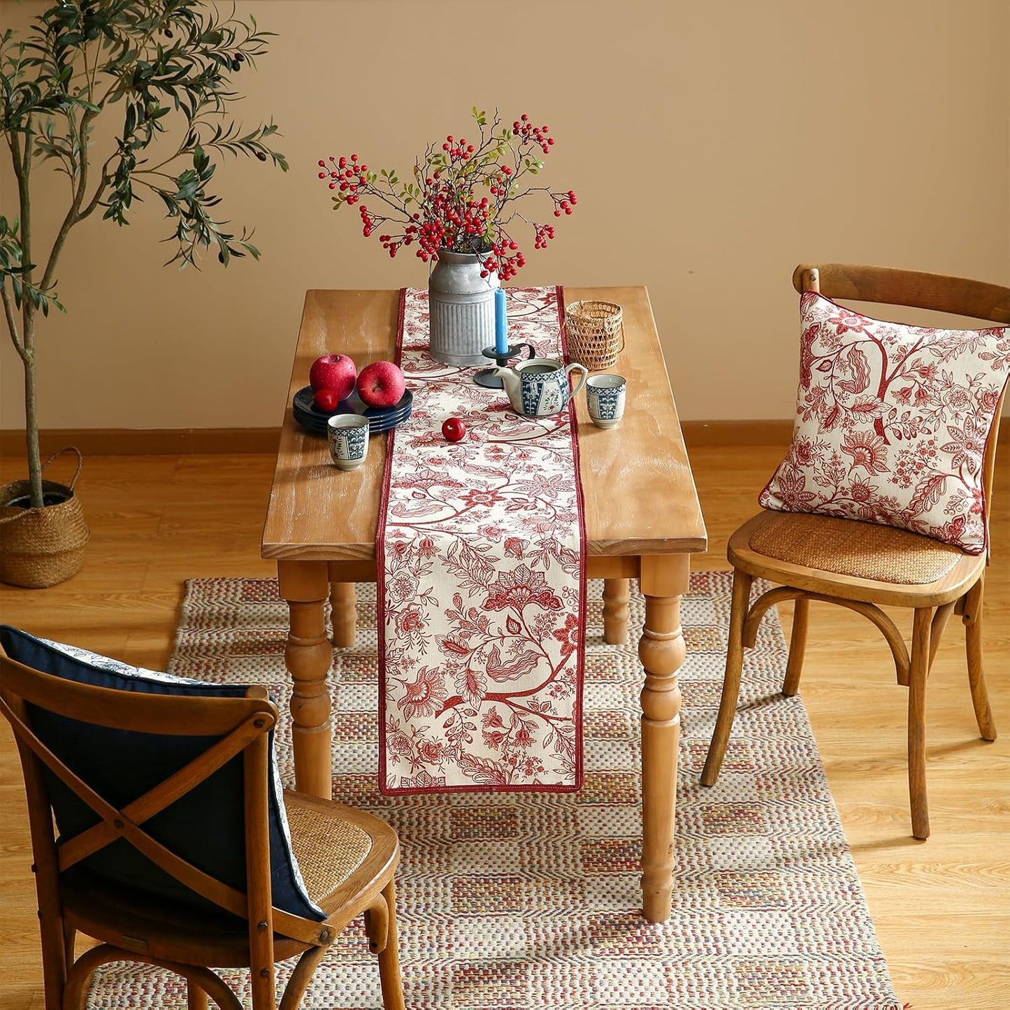 ISAENNE Designer Chinoiserie Elegant Linen Extra Long Table Runner 118 Inches,Red Floral Pattern Decor Table Runners for Thanksgiving,Dining Room,Banquet,Kitchen Tables,Christmas,12"*118"-Ruyi A